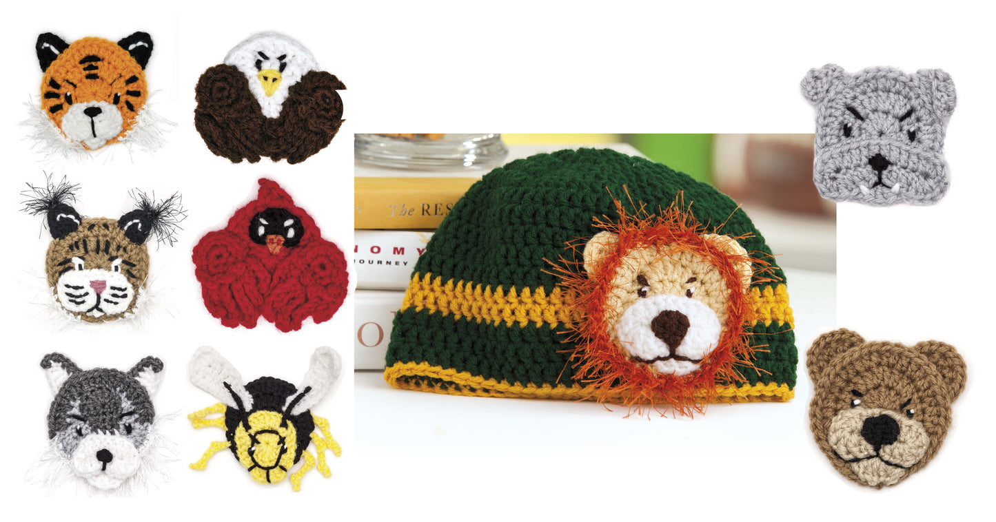 Home Team Gear by Leisure Arts features a green and yellow crocheted lion hat with 9 animal face appliques—tiger, eagle, lynx, wolf, bee, cat, cardinal, and two bears—perfect for school spirit crafts or unique mascot crochet projects.