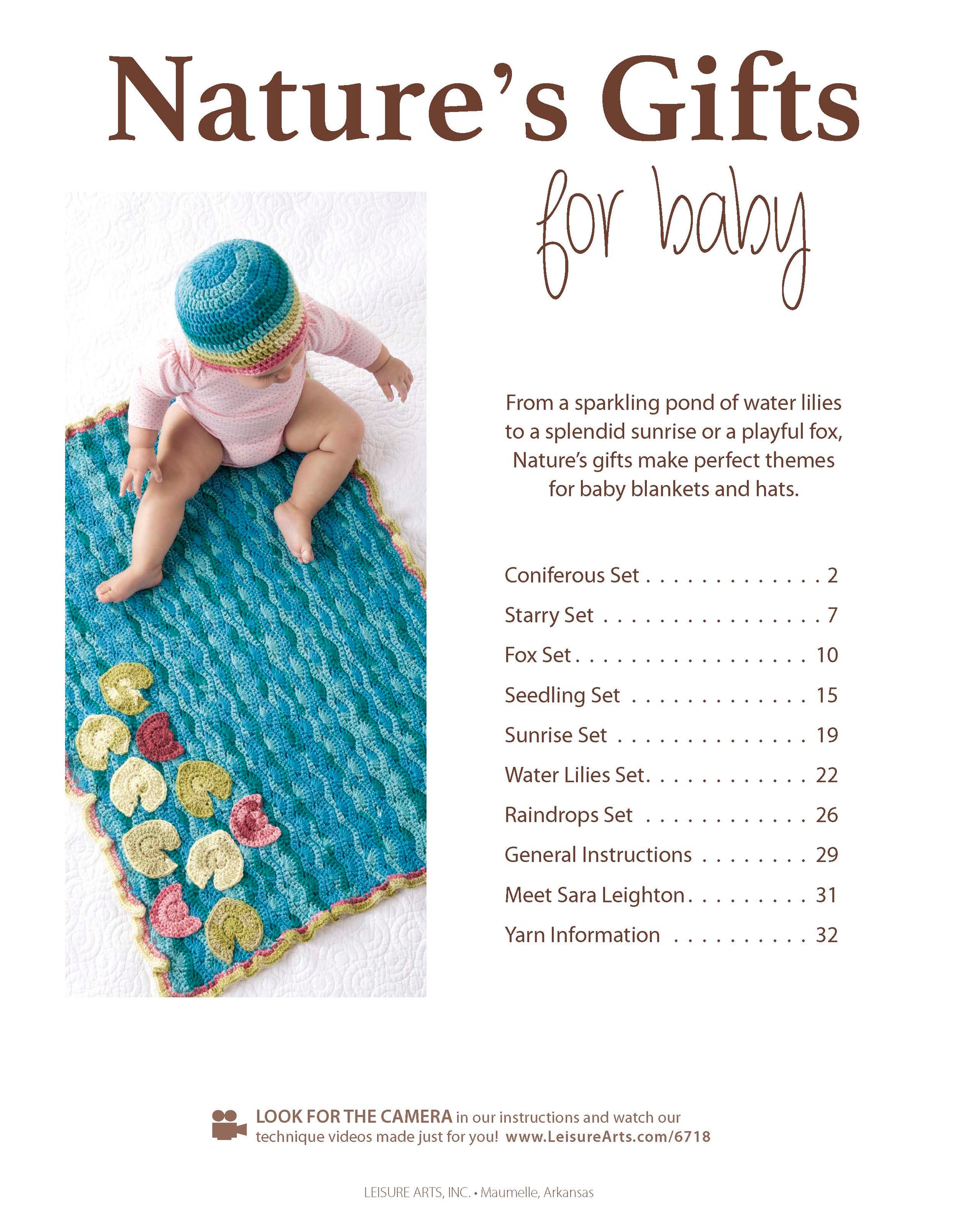 A baby in a colorful hat and diaper sits on a blue knitted water lilies blanket. On the right, text lists Nature's Gifts for Baby blanket patterns by Leisure Arts along with page numbers and more info below.
