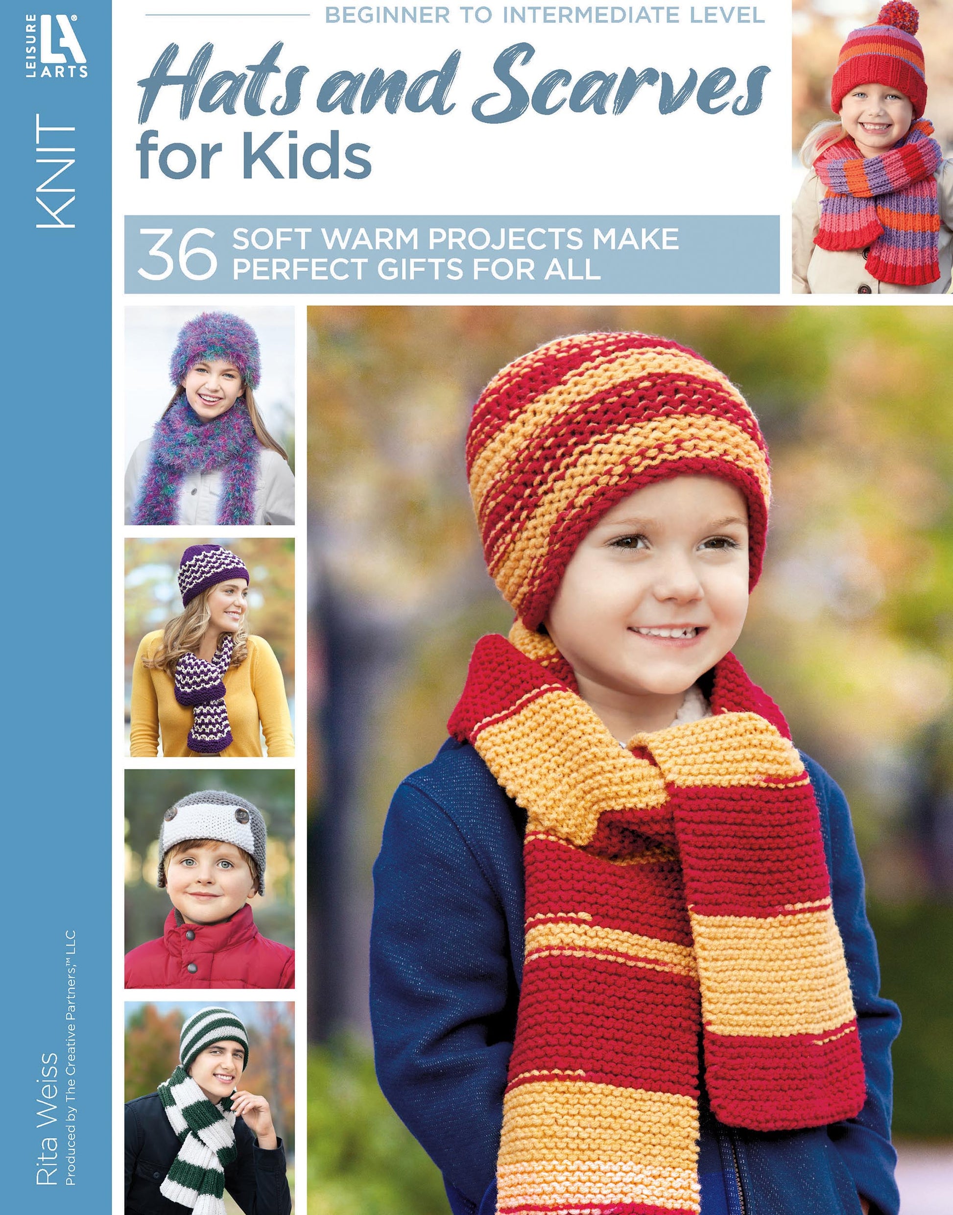 The Hats and Scarves for Kids Digital Download by Leisure Arts features 36 soft, warm hat and scarf projects with knitting patterns for beginner to intermediate knitters. Book cover shows kids in colorful knitted hats and scarves.