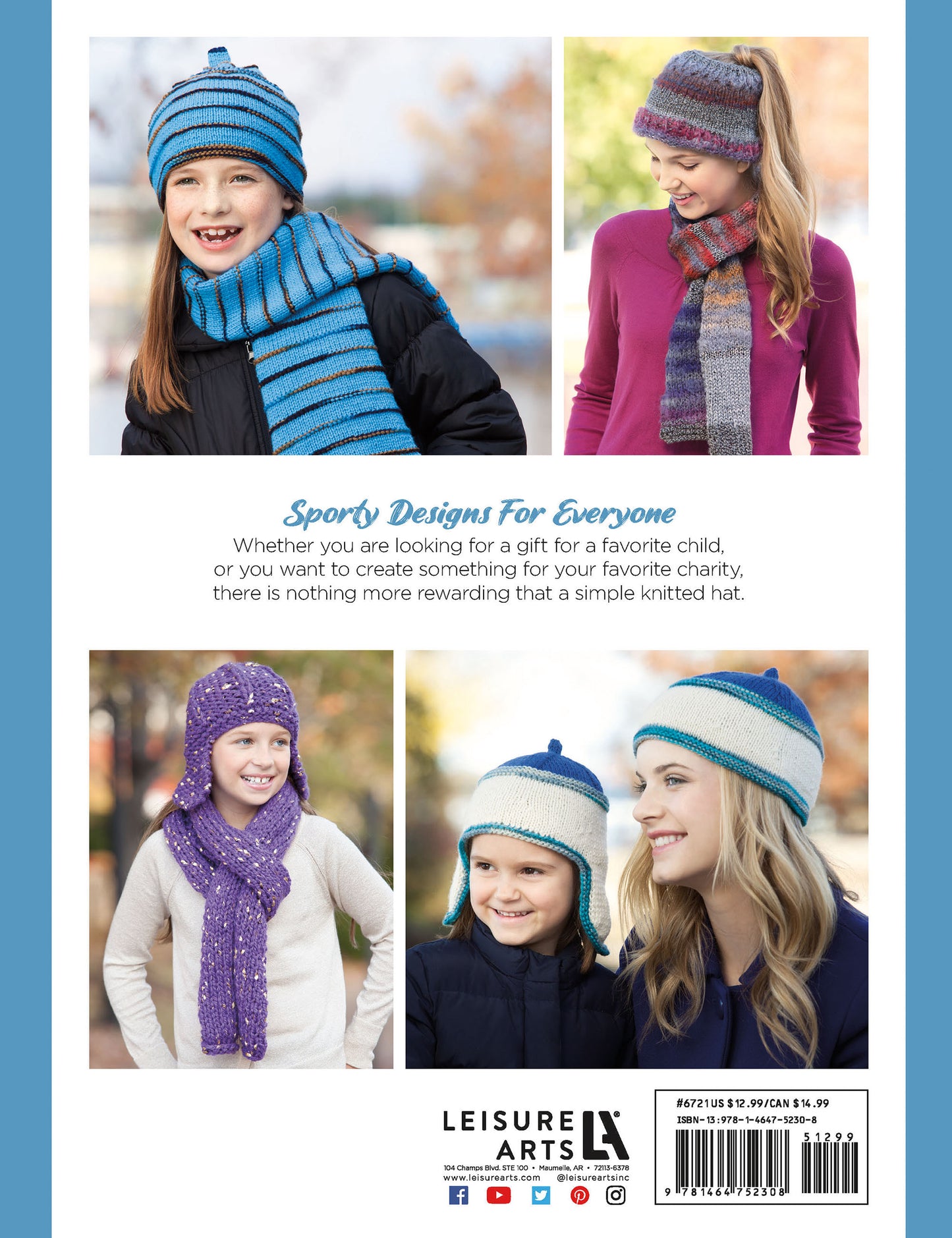 Four kids wearing colorful hats and scarves—with blue, purple, and striped designs—smile outdoors in winter clothing. Accessories are made from beginner patterns in the Leisure Arts "Hats and Scarves for Kids" digital download.