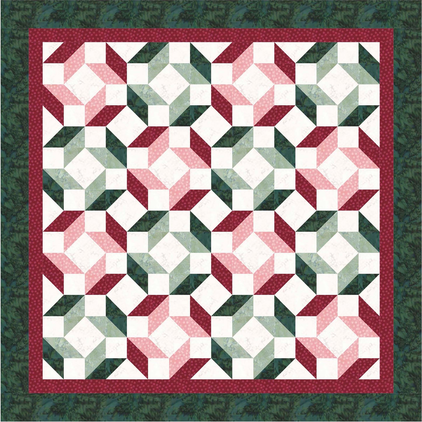 The Leisure Arts Beginner-Friendly Quilting Digital Download features a geometric quilt pattern with interlocking green, pink, and white shapes, accented by red and dark green borders. Perfect for beginners, its design creates a bold three-dimensional effect.