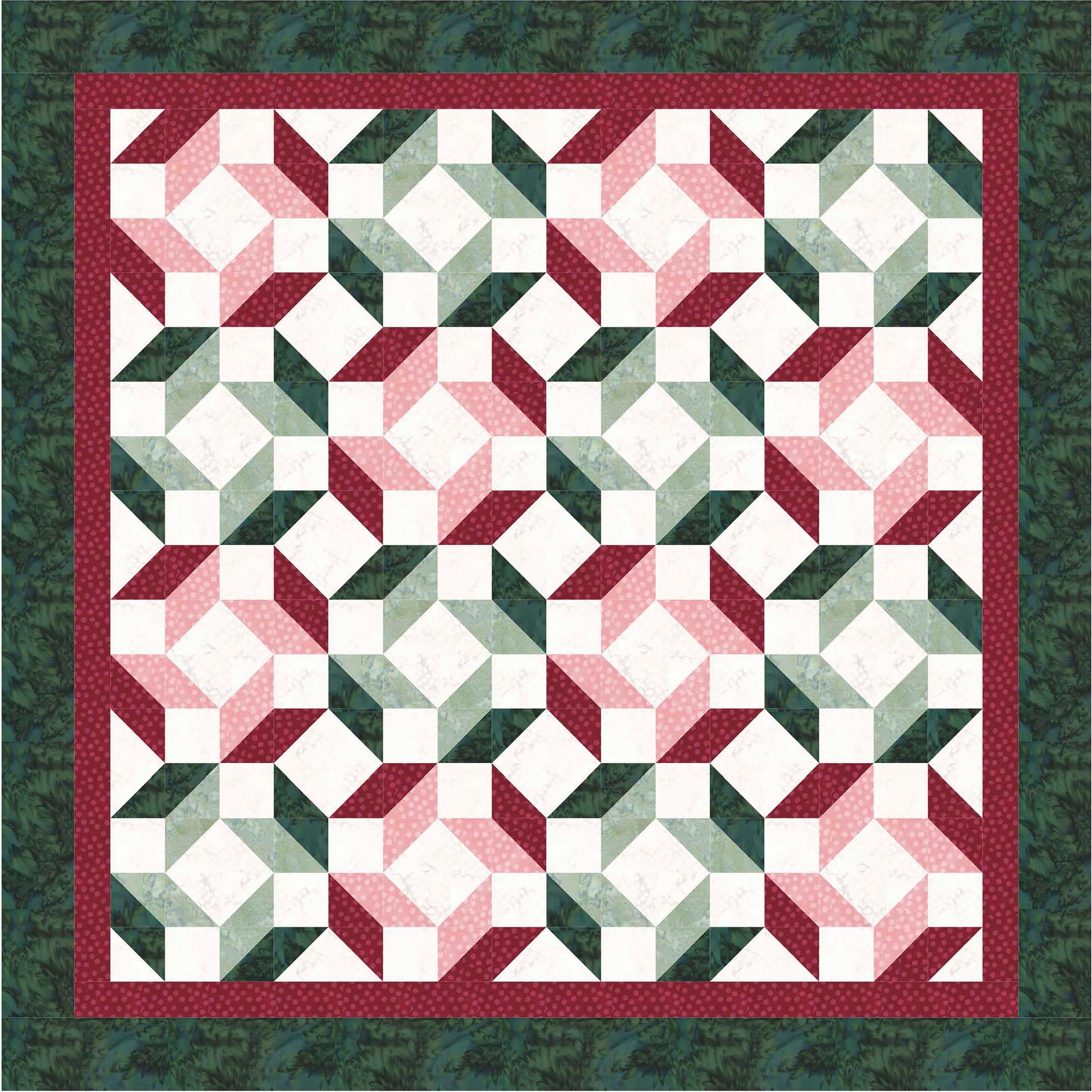 The Leisure Arts Beginner-Friendly Quilting Digital Download features a geometric quilt pattern with interlocking green, pink, and white shapes, accented by red and dark green borders. Perfect for beginners, its design creates a bold three-dimensional effect.