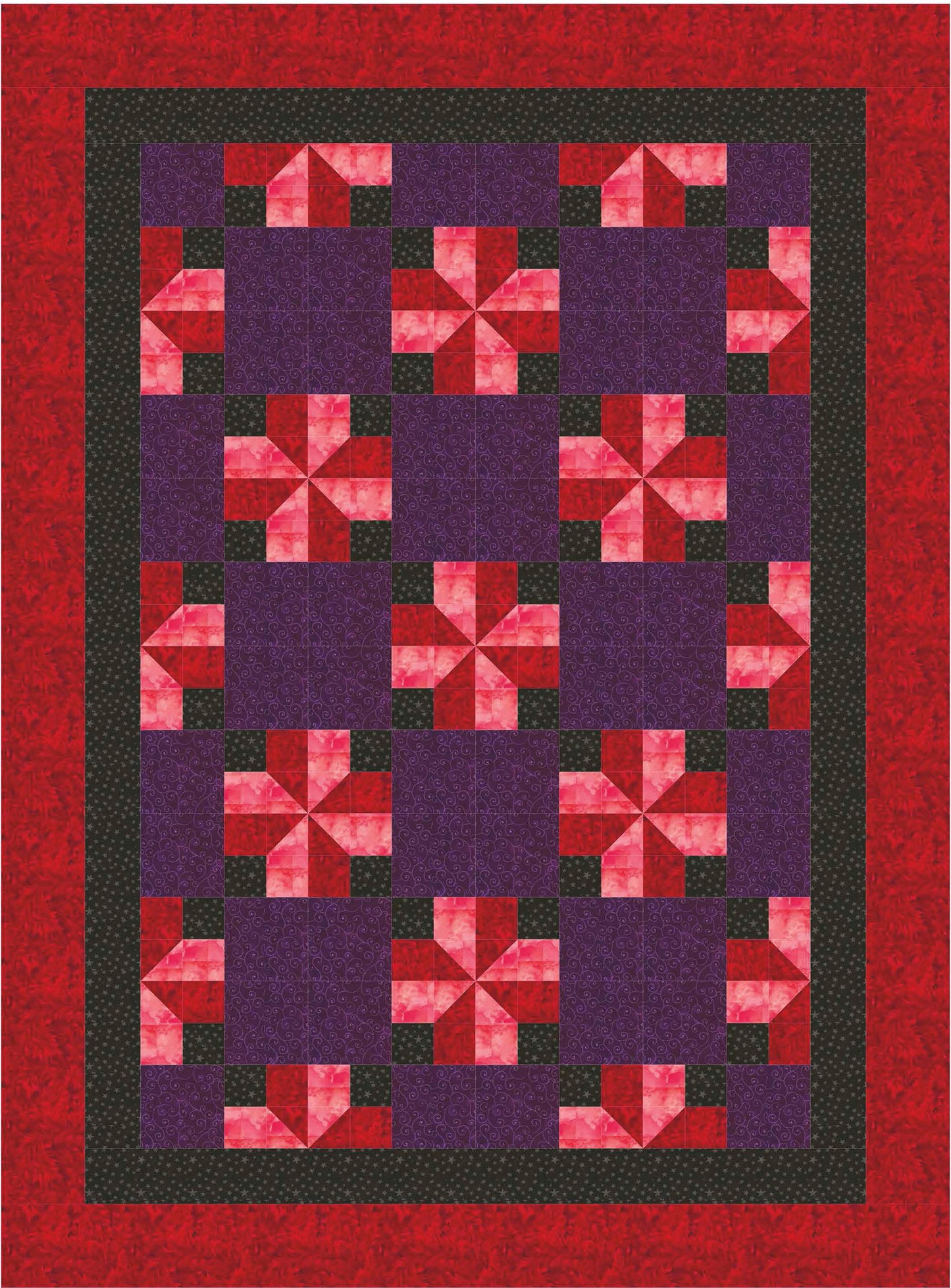 The Leisure Arts Beginner-Friendly Quilting Digital Download features a symmetrical quilt with red and pink pinwheels on purple, accented by black and red borders—ideal for those seeking new, easy quilting patterns.