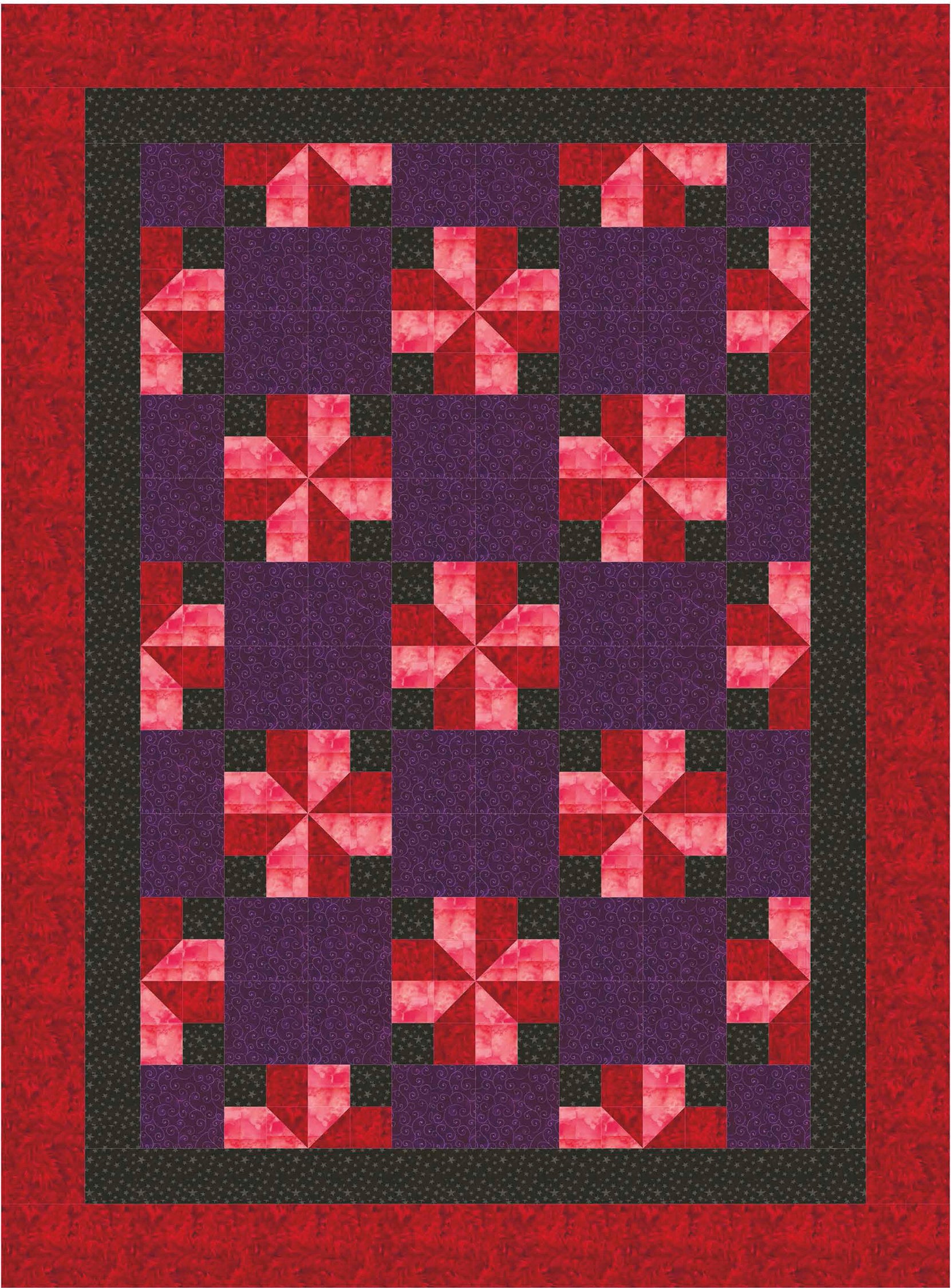 The Leisure Arts Beginner-Friendly Quilting Digital Download features a symmetrical quilt with red and pink pinwheels on purple, accented by black and red borders—ideal for those seeking new, easy quilting patterns.