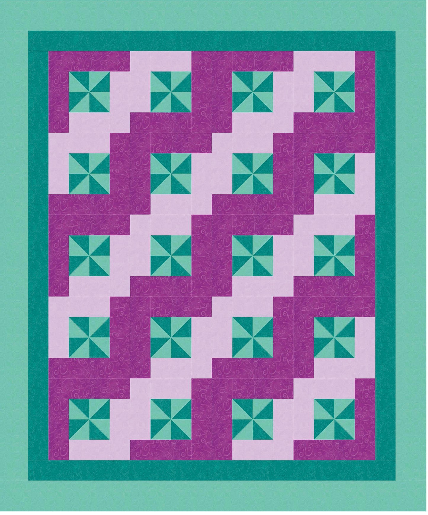 The Leisure Arts Beginner-Friendly Quilting Digital Download features a pinwheel pattern in green and light purple with diagonal solid purple blocks, accented by teal and green borders—perfect for beginners who love classic quilting styles.