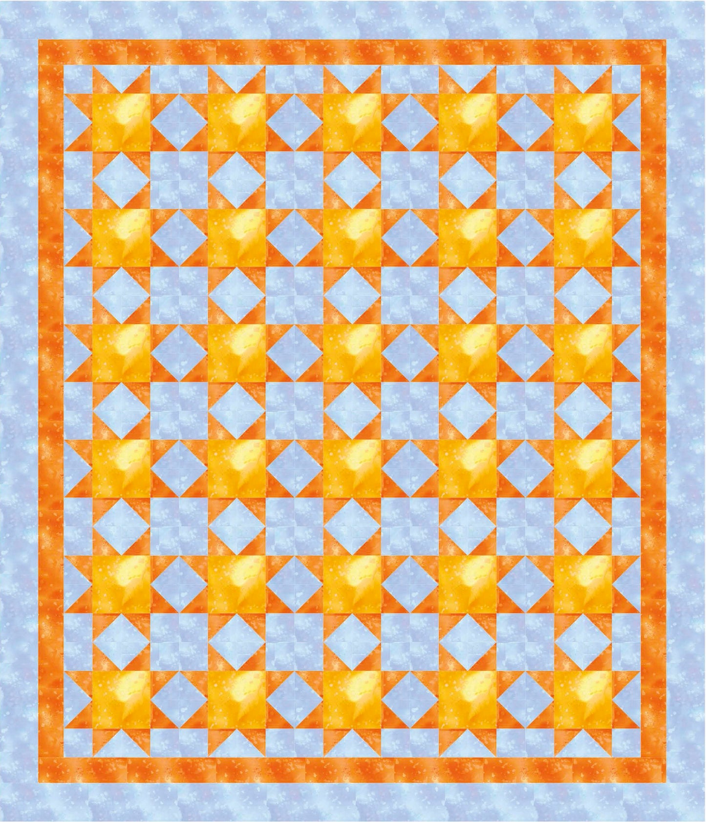 The Beginner-Friendly Quilting Digital Download by Leisure Arts features a grid of bright yellow and orange stars on a pale blue background bordered by orange bands—ideal for those looking for inspiring quilting patterns.