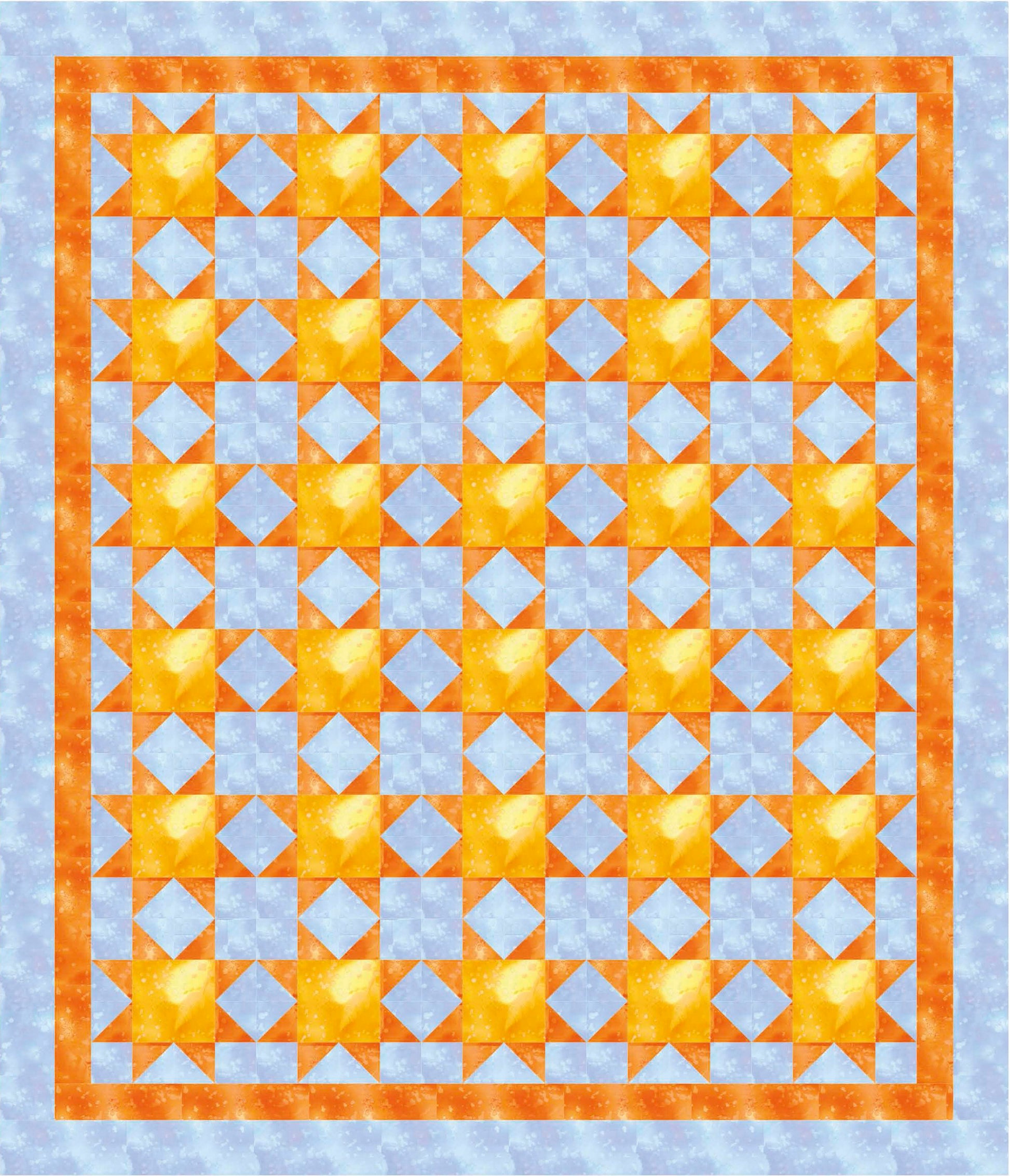 The Beginner-Friendly Quilting Digital Download by Leisure Arts features a grid of bright yellow and orange stars on a pale blue background bordered by orange bands—ideal for those looking for inspiring quilting patterns.