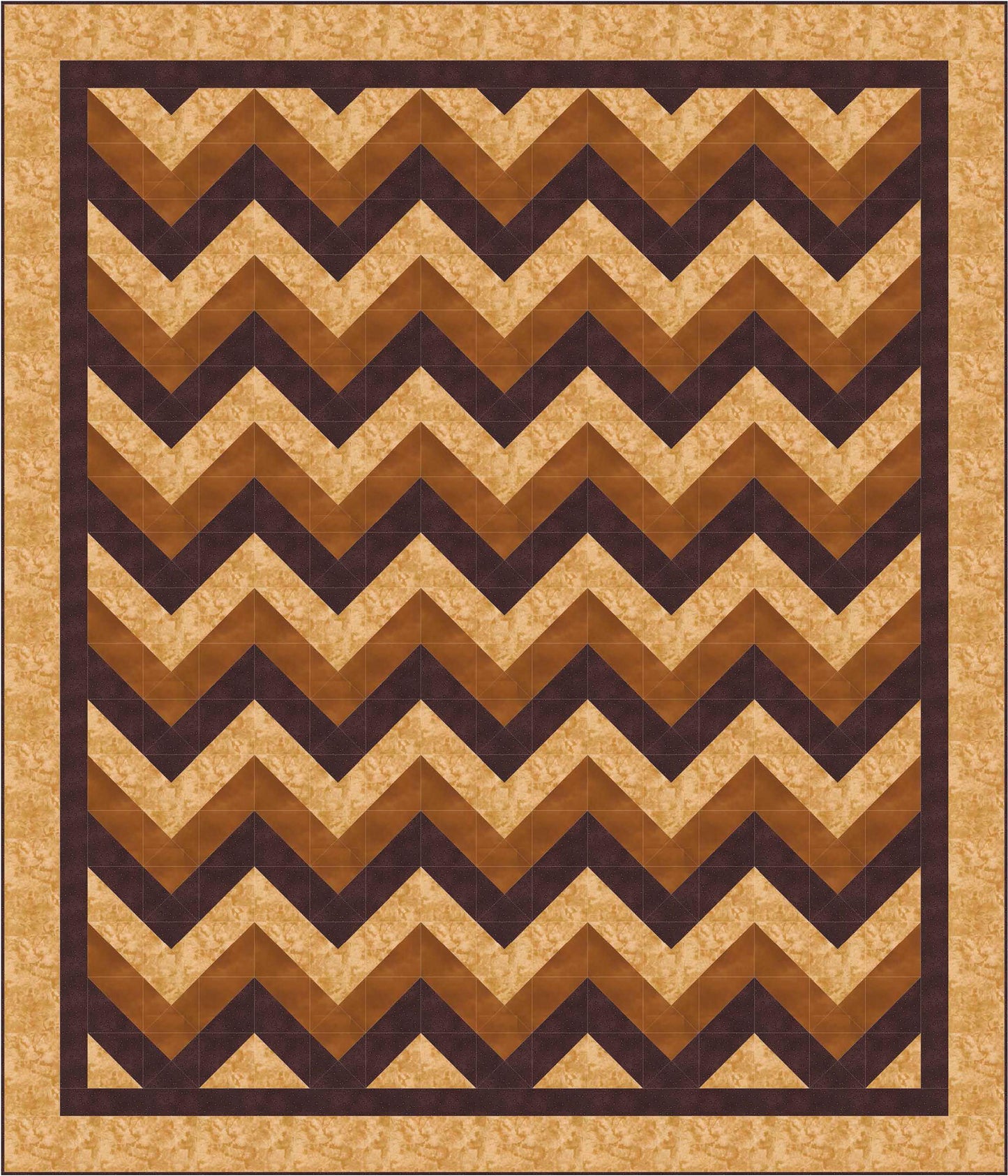 The Beginner-Friendly Quilting Digital Download by Leisure Arts features a bold chevron quilt pattern in brown, tan, and gold, with dark and light brown borders—ideal for beginners or anyone trying new quilting designs.