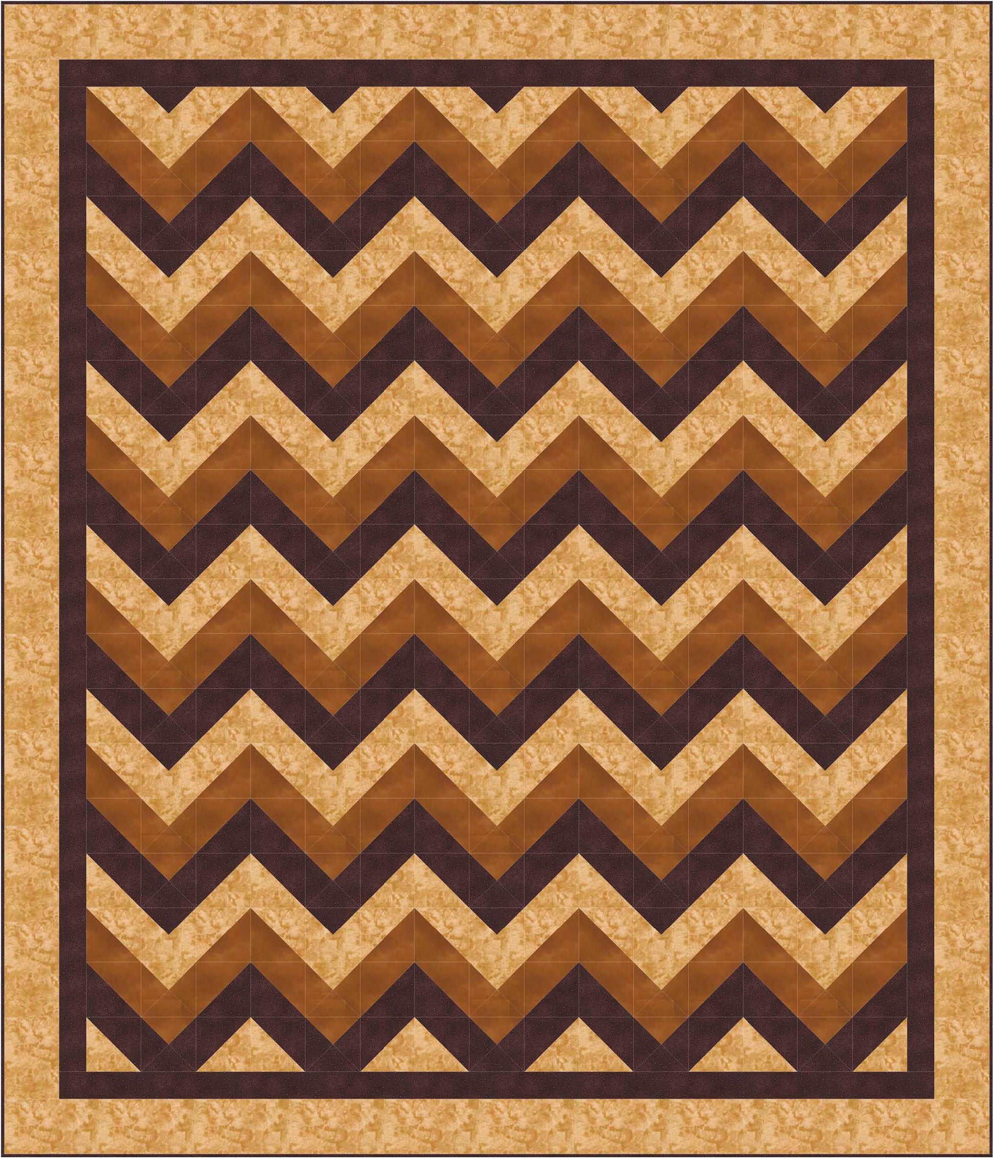 The Beginner-Friendly Quilting Digital Download by Leisure Arts features a bold chevron quilt pattern in brown, tan, and gold, with dark and light brown borders—ideal for beginners or anyone trying new quilting designs.