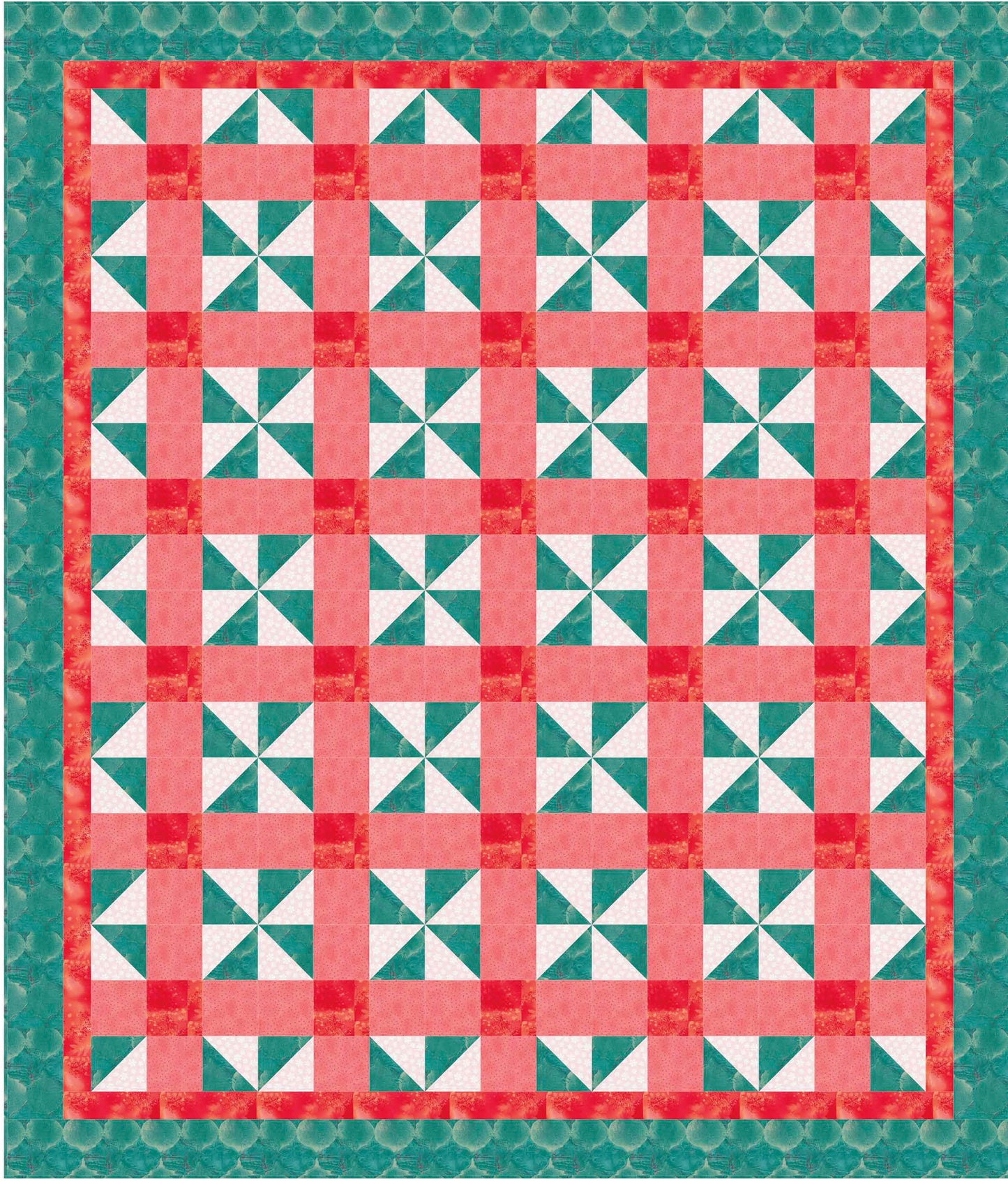Leisure Arts' Beginner-Friendly Quilting Digital Download features a geometric pinwheel quilt in red, pink, white, and teal with a bold border—ideal for those seeking easy quilts or fresh beginner quilting patterns.