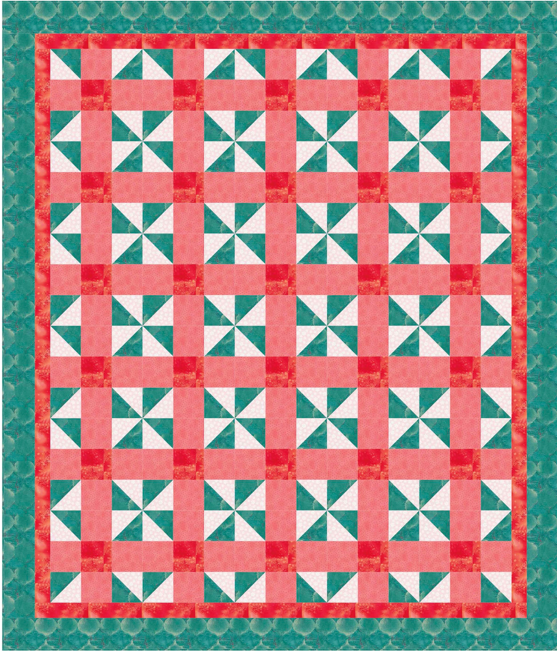 Leisure Arts' Beginner-Friendly Quilting Digital Download features a geometric pinwheel quilt in red, pink, white, and teal with a bold border—ideal for those seeking easy quilts or fresh beginner quilting patterns.