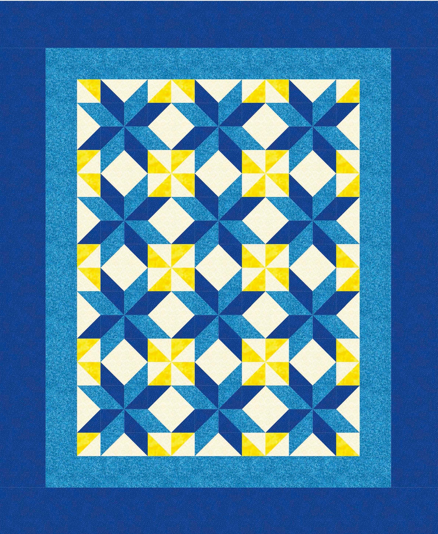Leisure Arts' Beginner-Friendly Quilting Digital Download features a geometric quilt with blue, yellow, and white star and diamond patterns framed by blue and turquoise bands. Its symmetrical grid and step-by-step instructions make it ideal for new quilters.