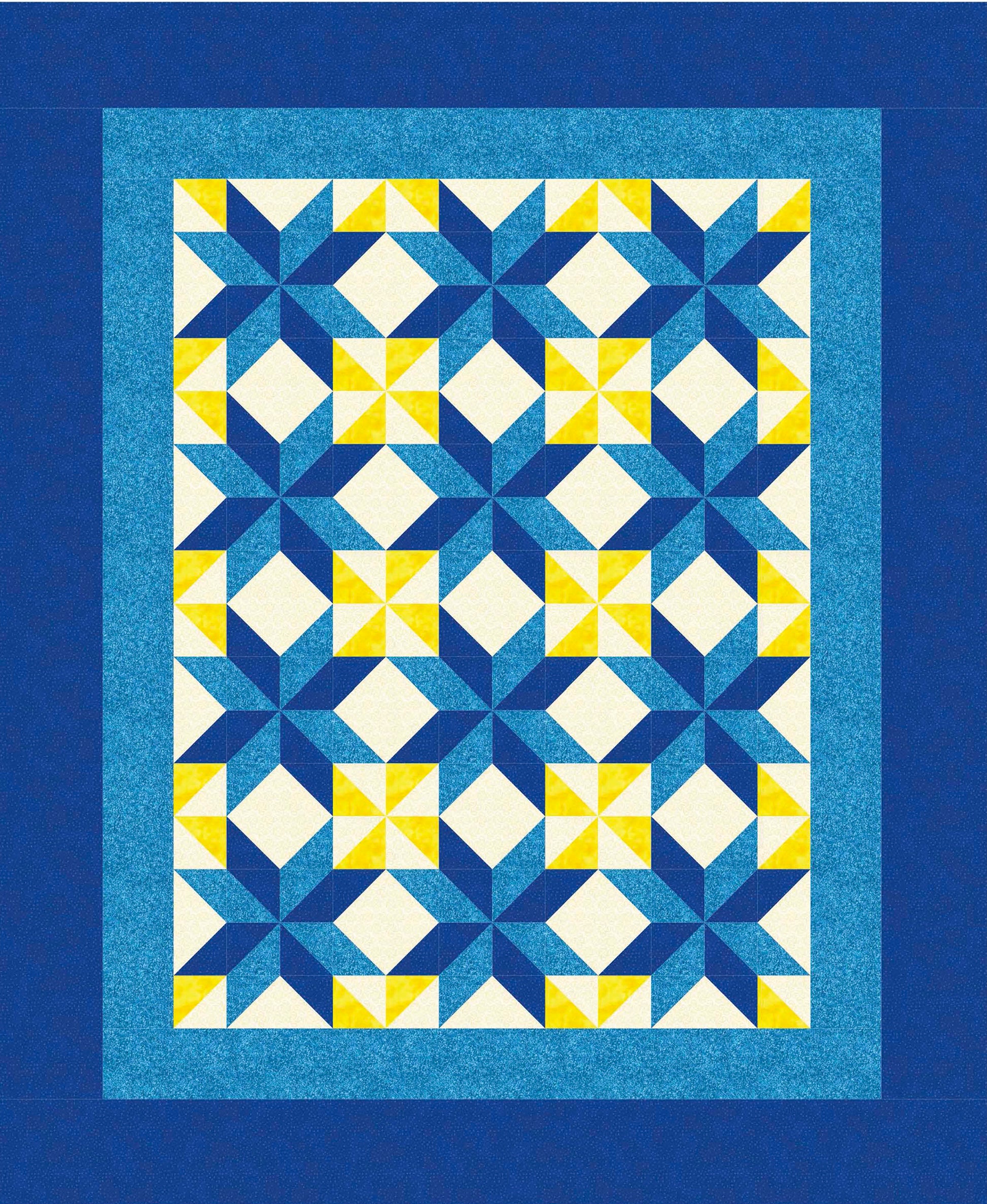 Leisure Arts' Beginner-Friendly Quilting Digital Download features a geometric quilt with blue, yellow, and white star and diamond patterns framed by blue and turquoise bands. Its symmetrical grid and step-by-step instructions make it ideal for new quilters.