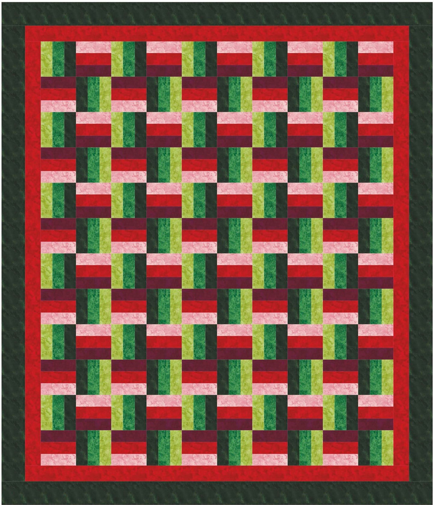 The Leisure Arts Beginner-Friendly Quilting Digital Download features a vibrant quilt with geometric vertical and horizontal strips in red, green, pink, and white, finished with bold red and green borders—ideal for new quilters exploring fresh patterns.