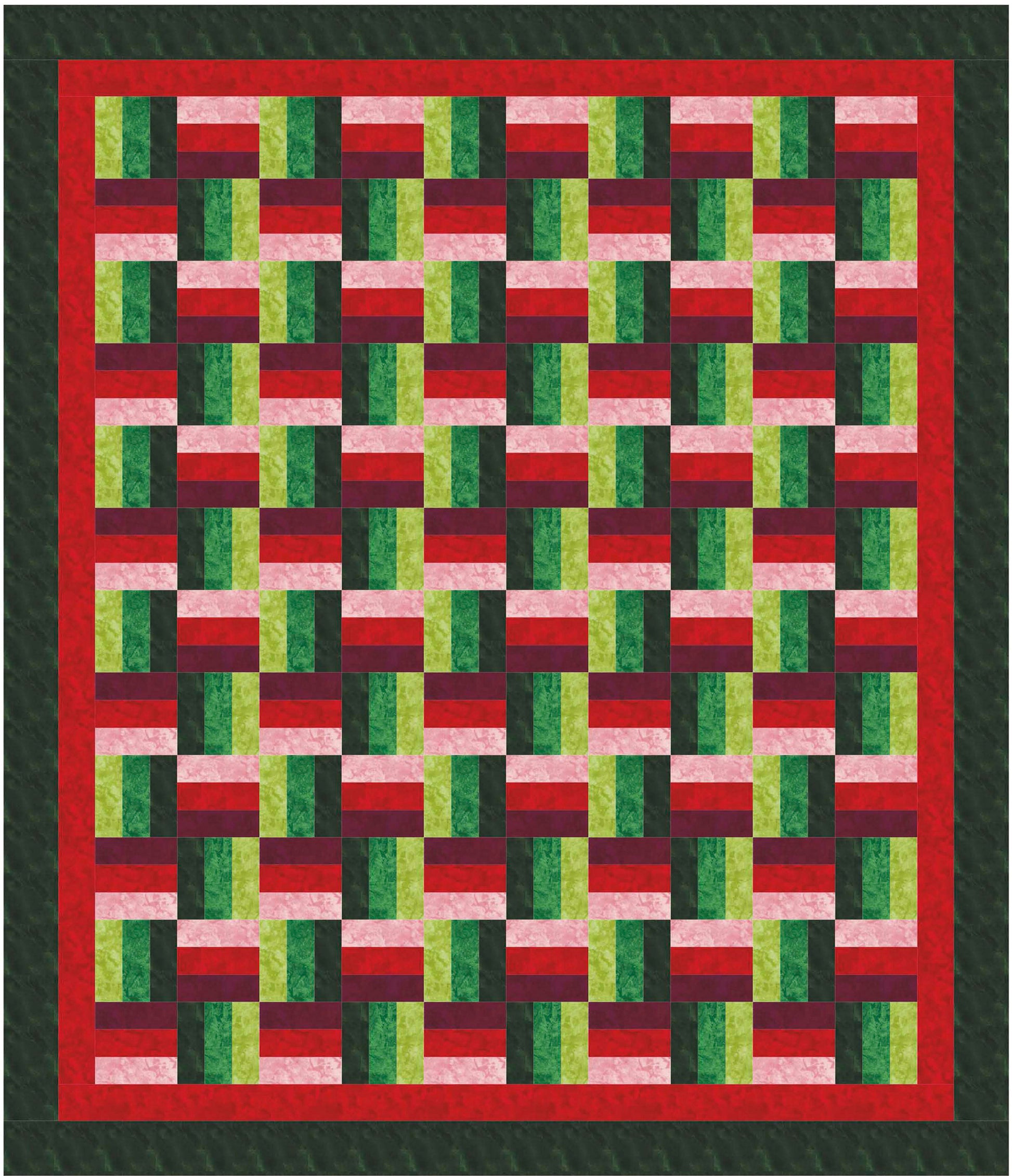 The Leisure Arts Beginner-Friendly Quilting Digital Download features a vibrant quilt with geometric vertical and horizontal strips in red, green, pink, and white, finished with bold red and green borders—ideal for new quilters exploring fresh patterns.