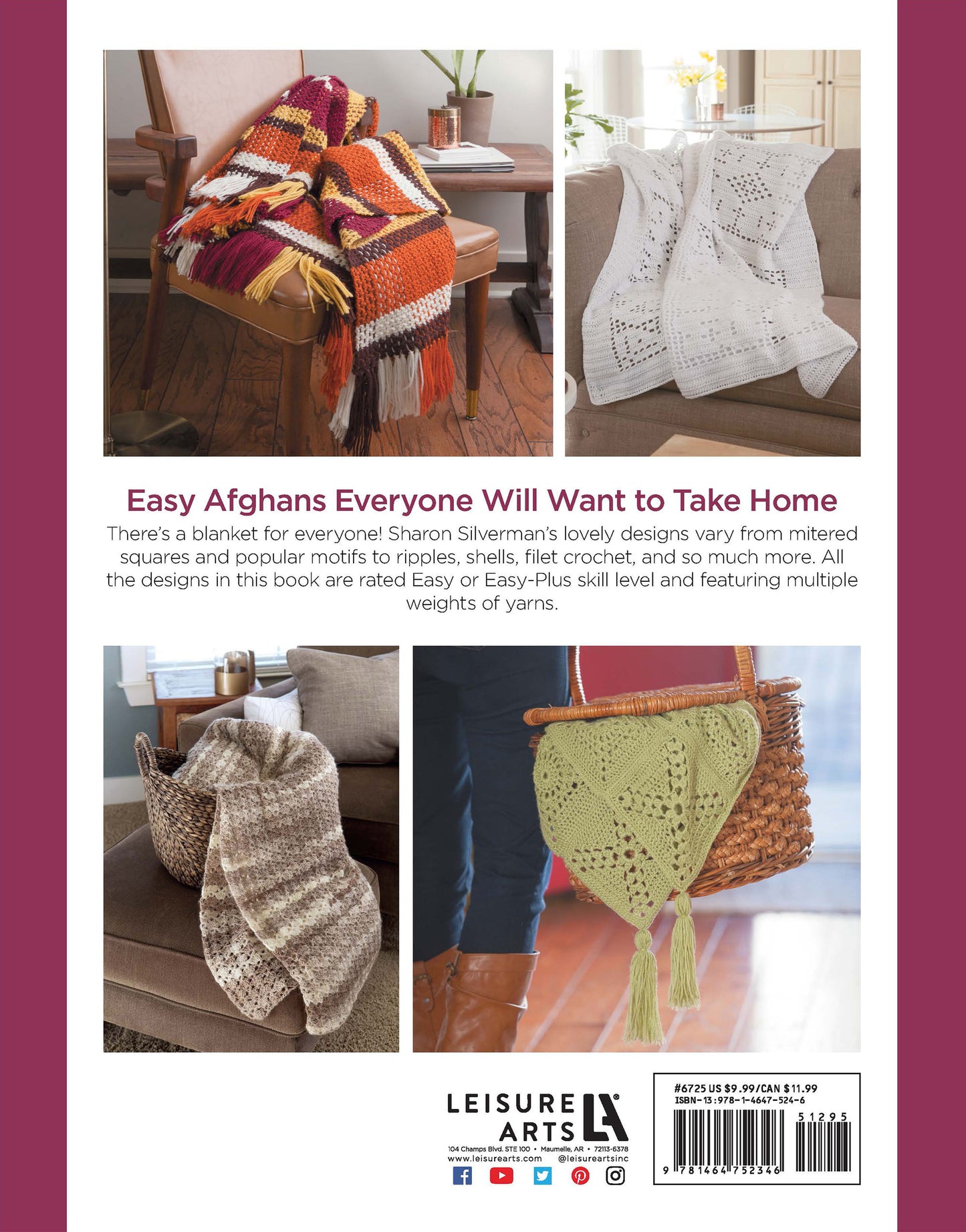 Four photos show vibrant crocheted afghans over chairs and a basket. Text promotes "Easy Afghans Digital Download" by Leisure Arts, featuring diverse blanket patterns for all skill levels and yarn weights. Leisure Arts logo appears at the bottom.