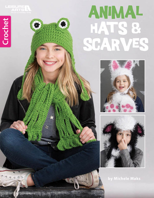 A smiling girl wears a green crocheted frog hat and scarf from Leisure Arts’ “Animal Hats & Scarves.” Two small photos show kids in playful animal hats. Great for anyone seeking easy, beginner-friendly scarf patterns.