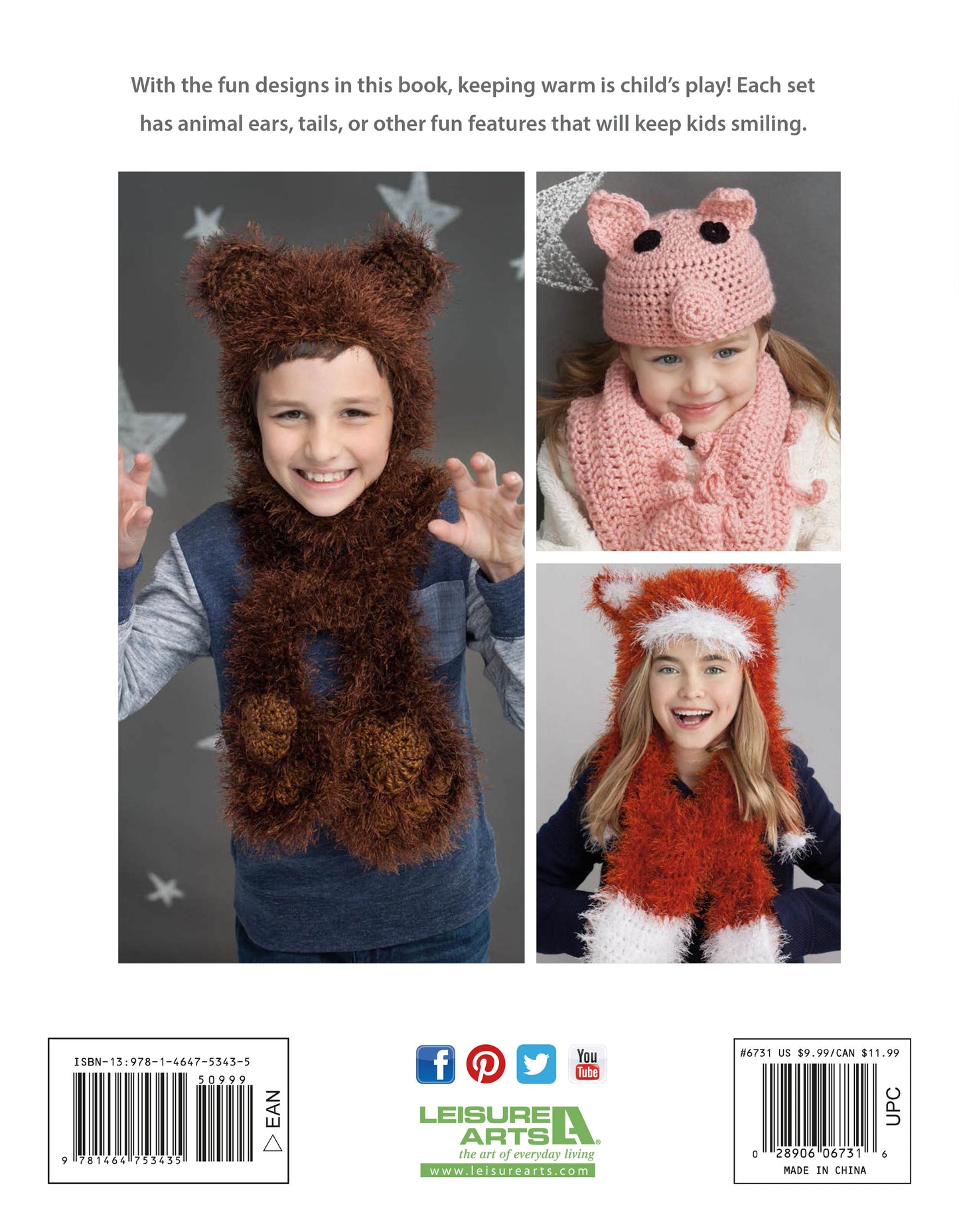 Three kids wear cozy animal-themed winter sets—from fuzzy bear and pink pig to red fox—smiling against a plain background. Explore more beginner-friendly scarf ideas in Animal Hats & Scarves from Leisure Arts.