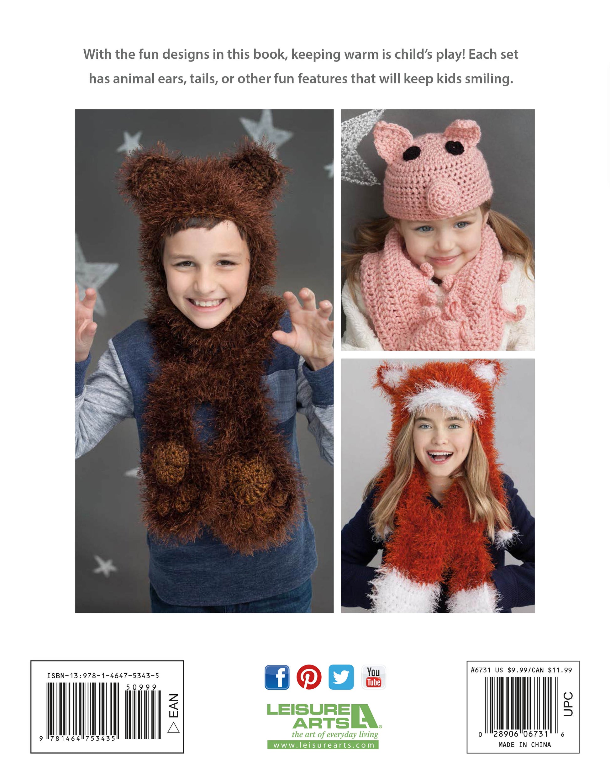 Three kids wear cozy animal-themed winter sets—from fuzzy bear and pink pig to red fox—smiling against a plain background. Explore more beginner-friendly scarf ideas in Animal Hats & Scarves from Leisure Arts.