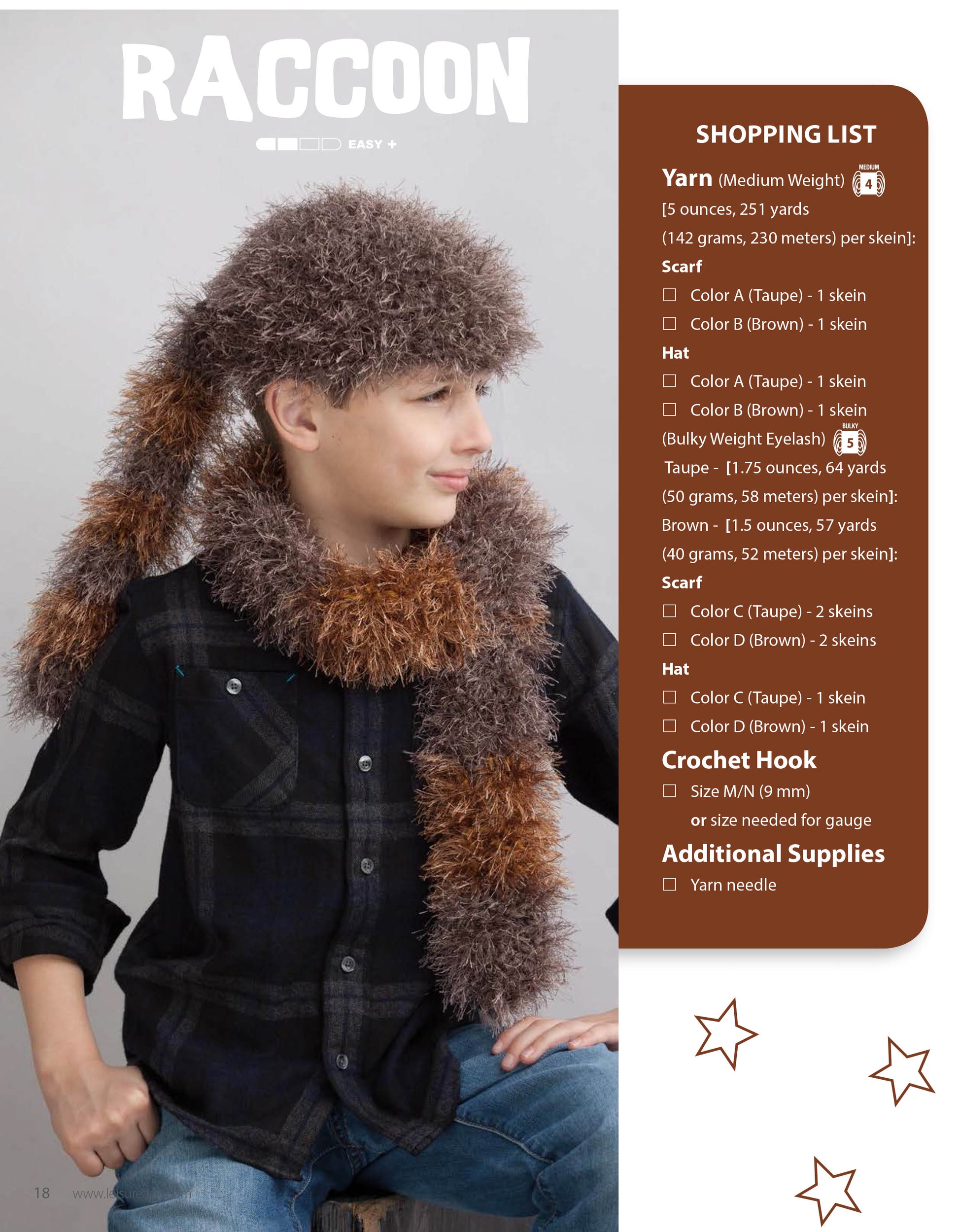 A young boy smiles in a handmade raccoon-themed hat and scarf set from Animal Hats & Scarves by Leisure Arts, featuring brown and gray details. Shopping list and project info appear on the right.