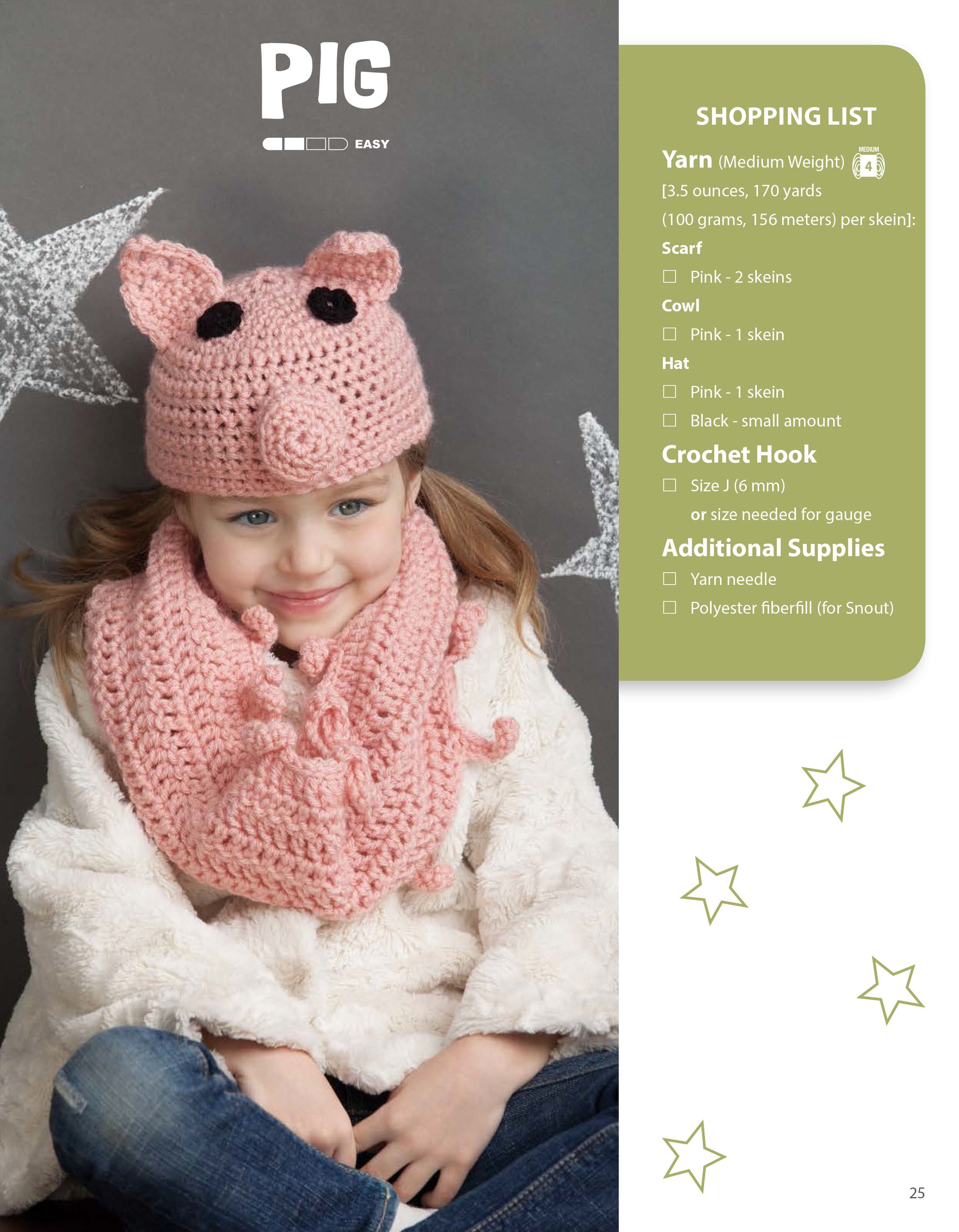 A young girl smiles against a light, starry background, wearing the Leisure Arts Animal Hats & Scarves set—a pink crocheted pig hat with ears and snout, plus a matching pig-shaped scarf. Perfect for fans of cute crochet patterns! Shopping list displayed on the right.