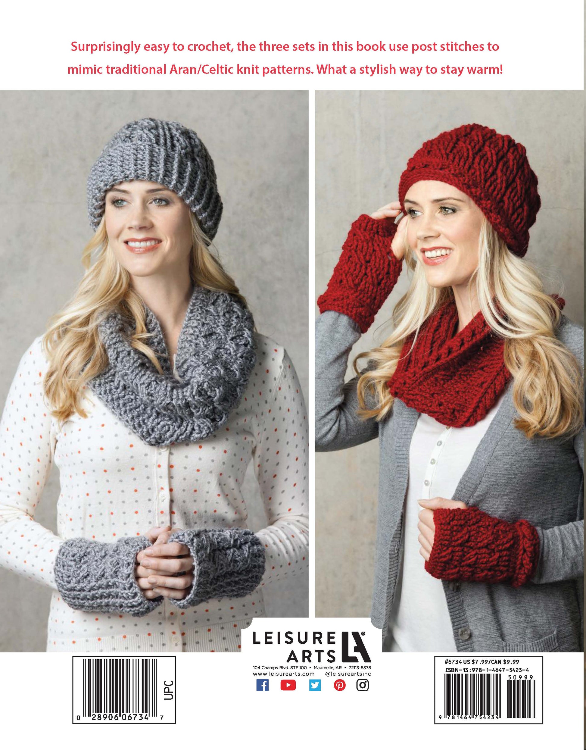 Two women model Leisure Arts' Crochet Caps, Cowls & Mitts. One wears a gray cabled beanie, cowl, and fingerless gloves; the other has a red honeycomb set. Both smile in front of a neutral background.