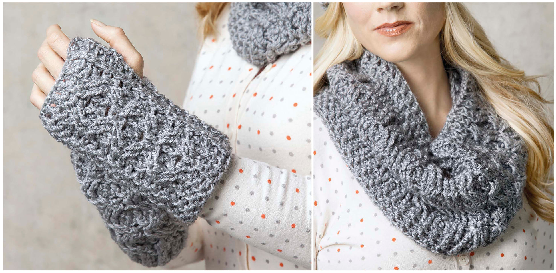 A woman models gray fingerless arm warmers and a matching cowl scarf from Leisure Arts' "Crochet Caps, Cowls & Mitts" over a polka dot shirt. Close-ups reveal the textured crochet design.