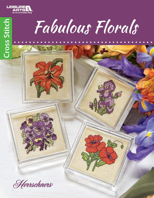 Four counted cross stitch floral designs are shown beside a bright bouquet. The text reads “Fabulous Florals Cross Stitch Digital Download” by Leisure Arts. Perfect for anyone who loves bees and blossoms.