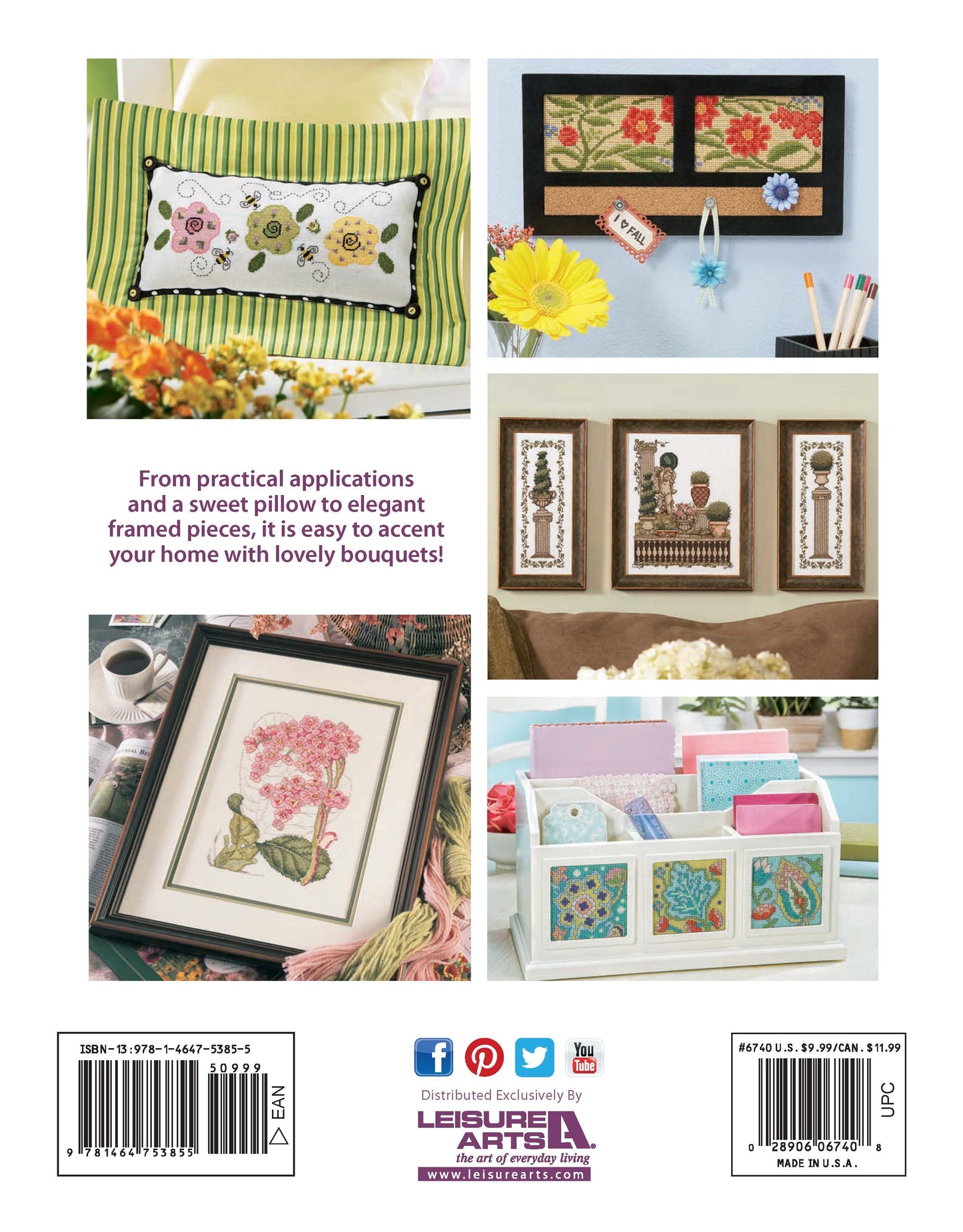 A cozy display features the Fabulous Florals Cross Stitch Digital Download by Leisure Arts, with projects like a stitched pillow, embroidered flowers, storage box, and floral wall art in bright home settings.
