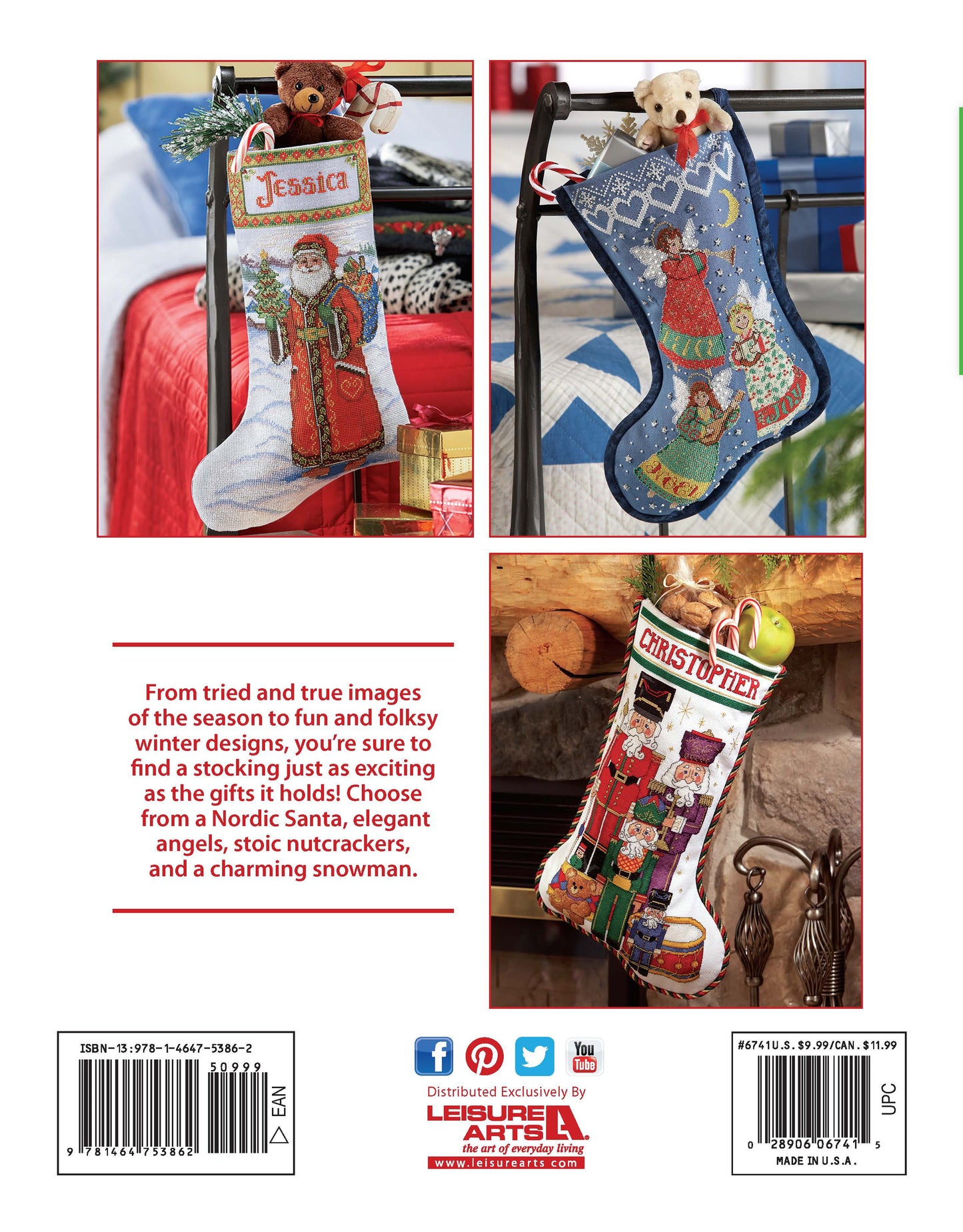 Leisure Arts’ Festive Christmas Stockings showcase Santa, a snowman, and a nutcracker in vibrant holiday designs, each hanging in a cozy home setting and personalized with a unique name.