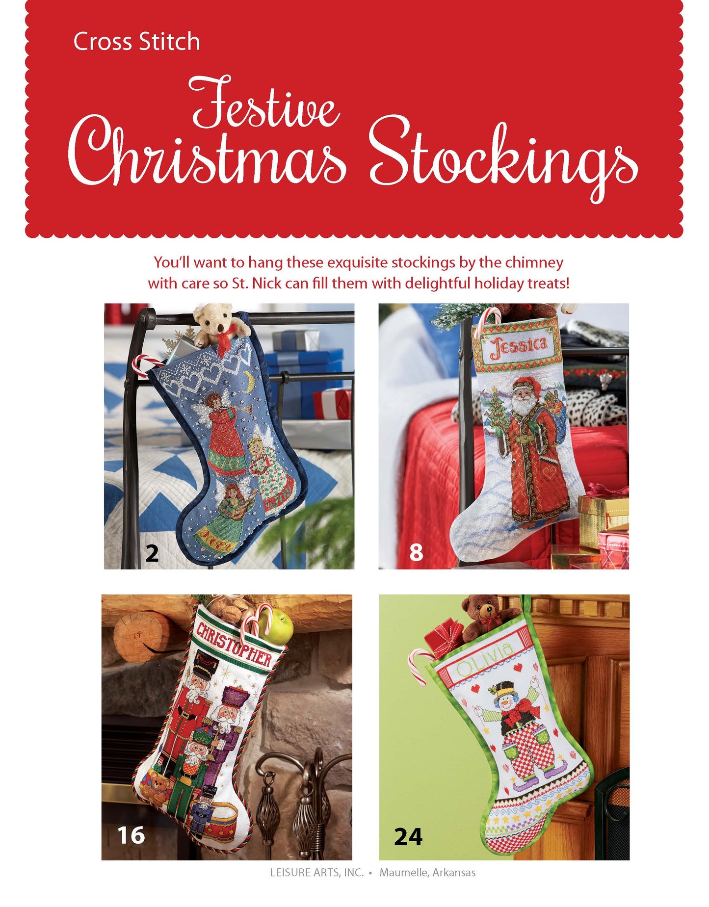 Four Festive Christmas Stockings by Leisure Arts hang on display, each cross-stitched with charming holiday designs and personalized names: Jessica, Christopher, and two unnamed—a perfect seasonal project.
