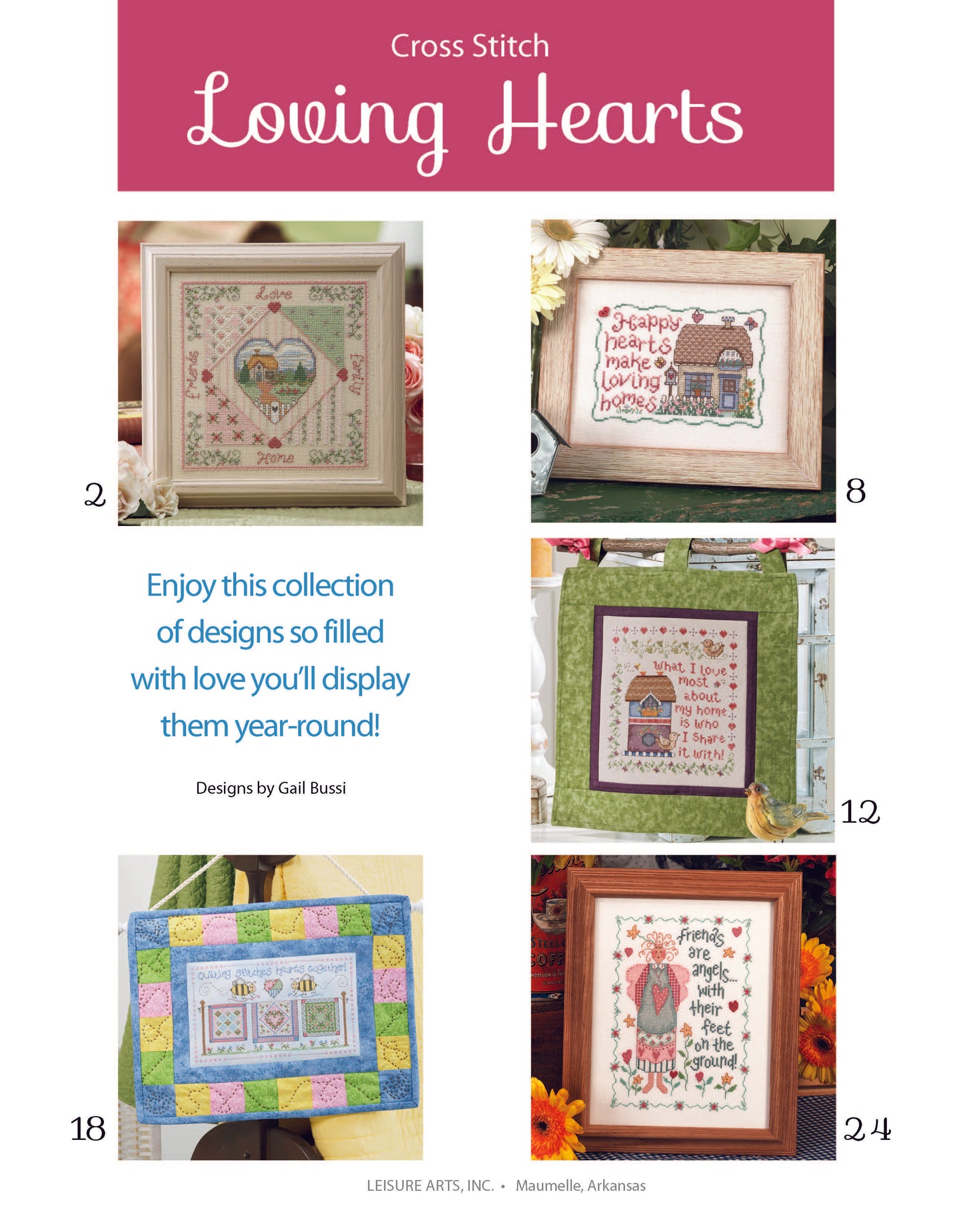 A page from the Loving Hearts Cross Stitch by Leisure Arts shows five framed designs with house and heart motifs, ideal for home decor, each adorned with colorful borders and floral accents.
