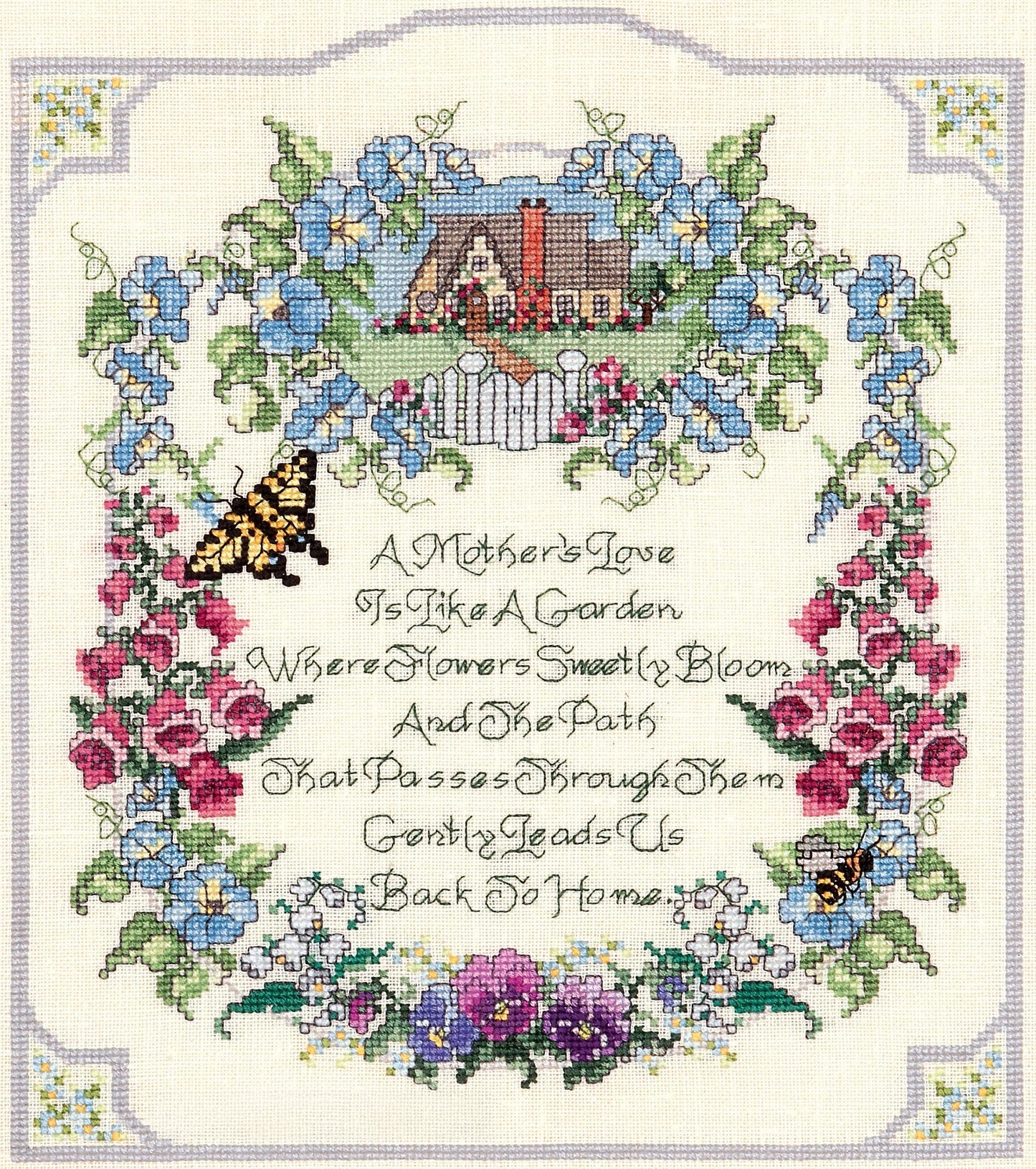 A Mother's Love by Leisure Arts is a counted cross stitch kit with a floral border, cottage, butterfly, and bee, featuring the saying: "A Mother's Love Is Like A Garden Where Flowers Sweetly Bloom And The Path Leads Us Back To Home.
