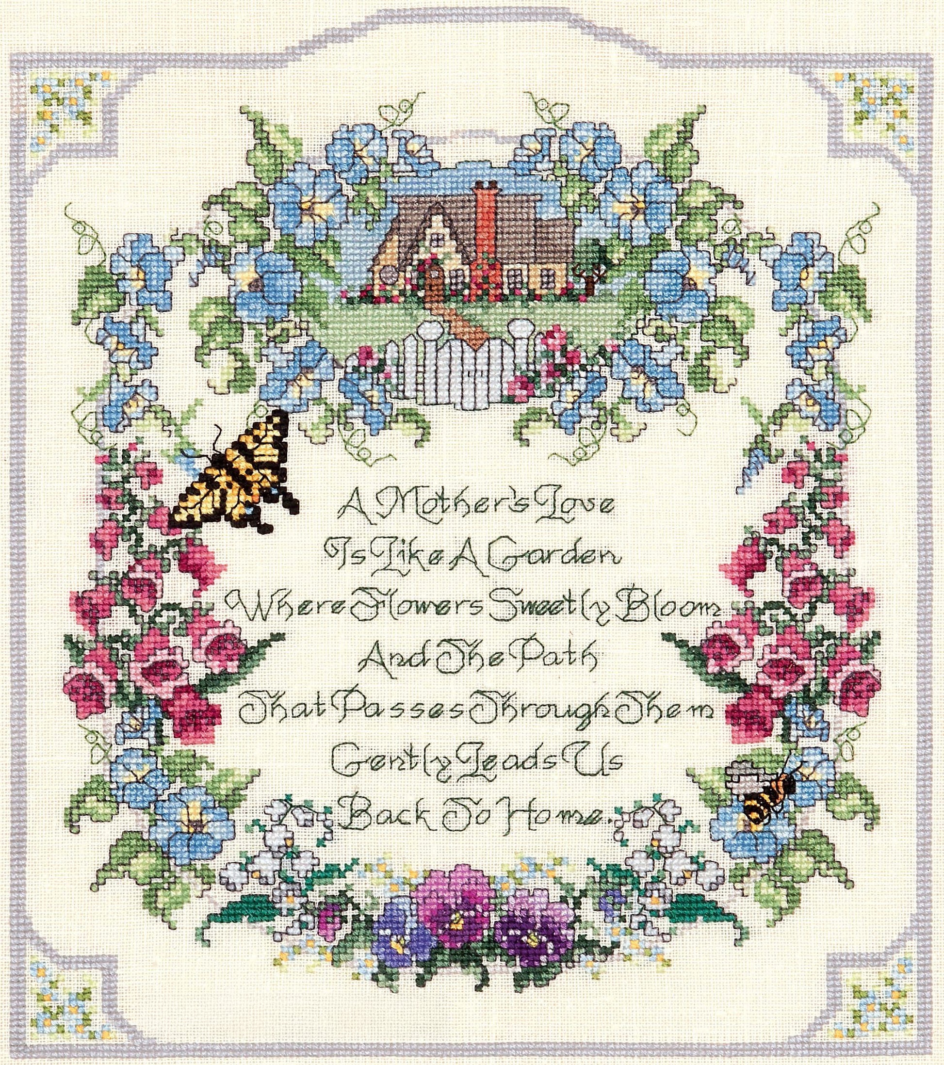 A Mother's Love by Leisure Arts is a counted cross stitch kit with a floral border, cottage, butterfly, and bee, featuring the saying: "A Mother's Love Is Like A Garden Where Flowers Sweetly Bloom And The Path Leads Us Back To Home.