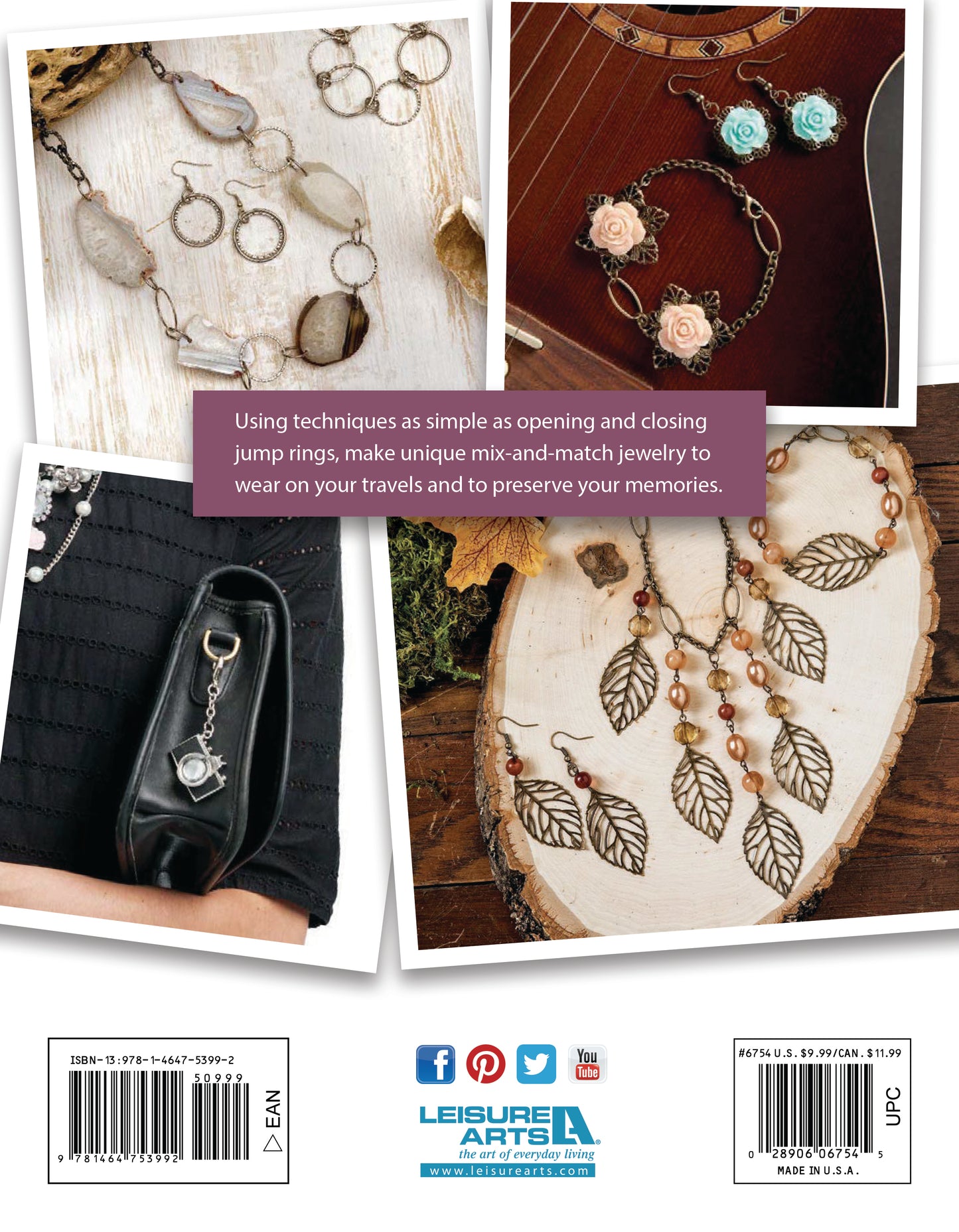 Four photos from Leisure Arts’ Wanderlust—Travel-Inspired Jewelry showcase a gemstone necklace, a guitar adorned with floral pins, a black purse featuring a charm, and a beaded leaf necklace. Text overlay details simple jewelry making techniques to create beautiful mix-and-match pieces that are ideal for travel or everyday style.
