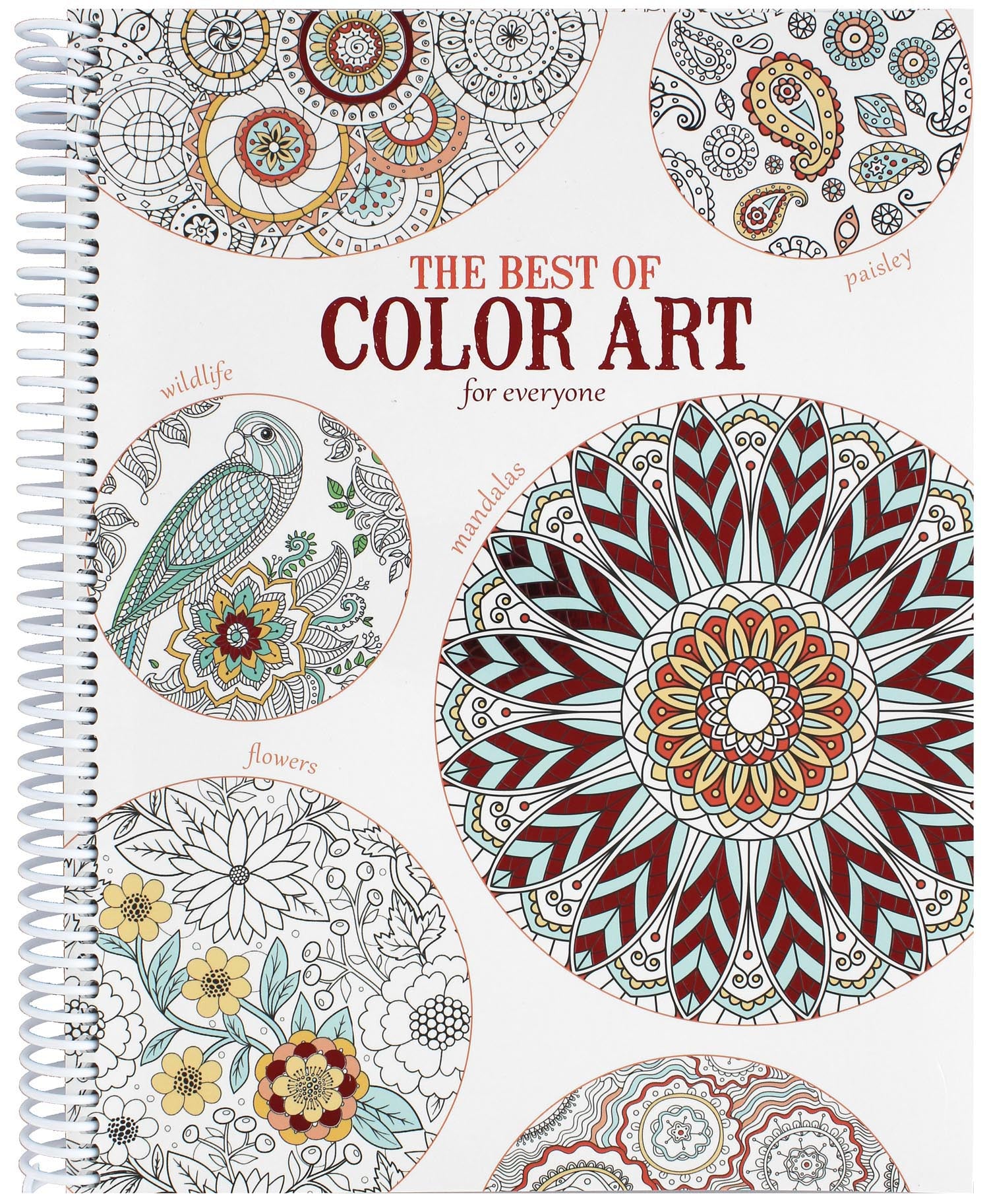 Leisure Arts’ spiral-bound adult coloring book, The Best of Color Art for Everyone, features intricate mandala, paisley, wildlife, and flower designs with partially colored reds, yellows, and greens to help relieve stress.