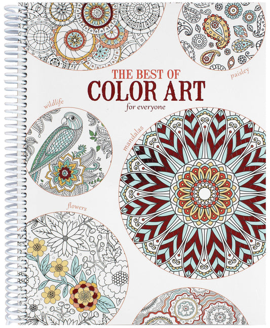 Leisure Arts’ spiral-bound adult coloring book, The Best of Color Art for Everyone, features intricate mandala, paisley, wildlife, and flower designs with partially colored reds, yellows, and greens to help relieve stress.
