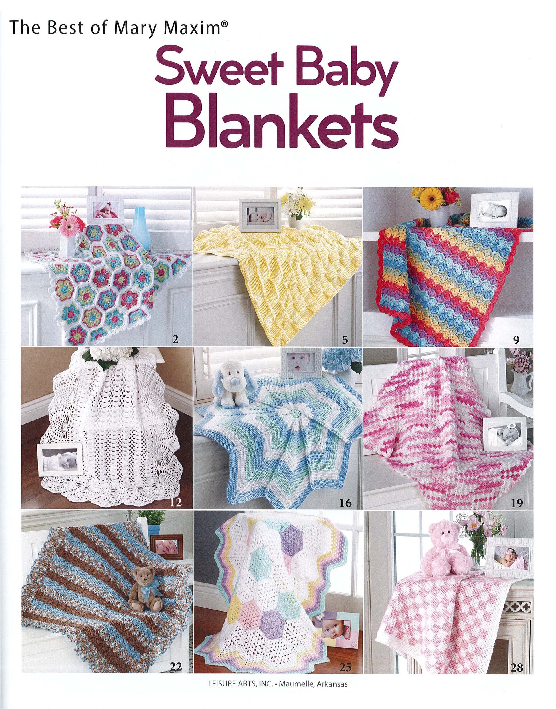 A collage of nine Crochet Sweet Baby Blankets by Leisure Arts, in assorted colors and patterns, displayed on furniture with baby items. The title reads Crochet Sweet Baby Blankets from Leisure Arts.