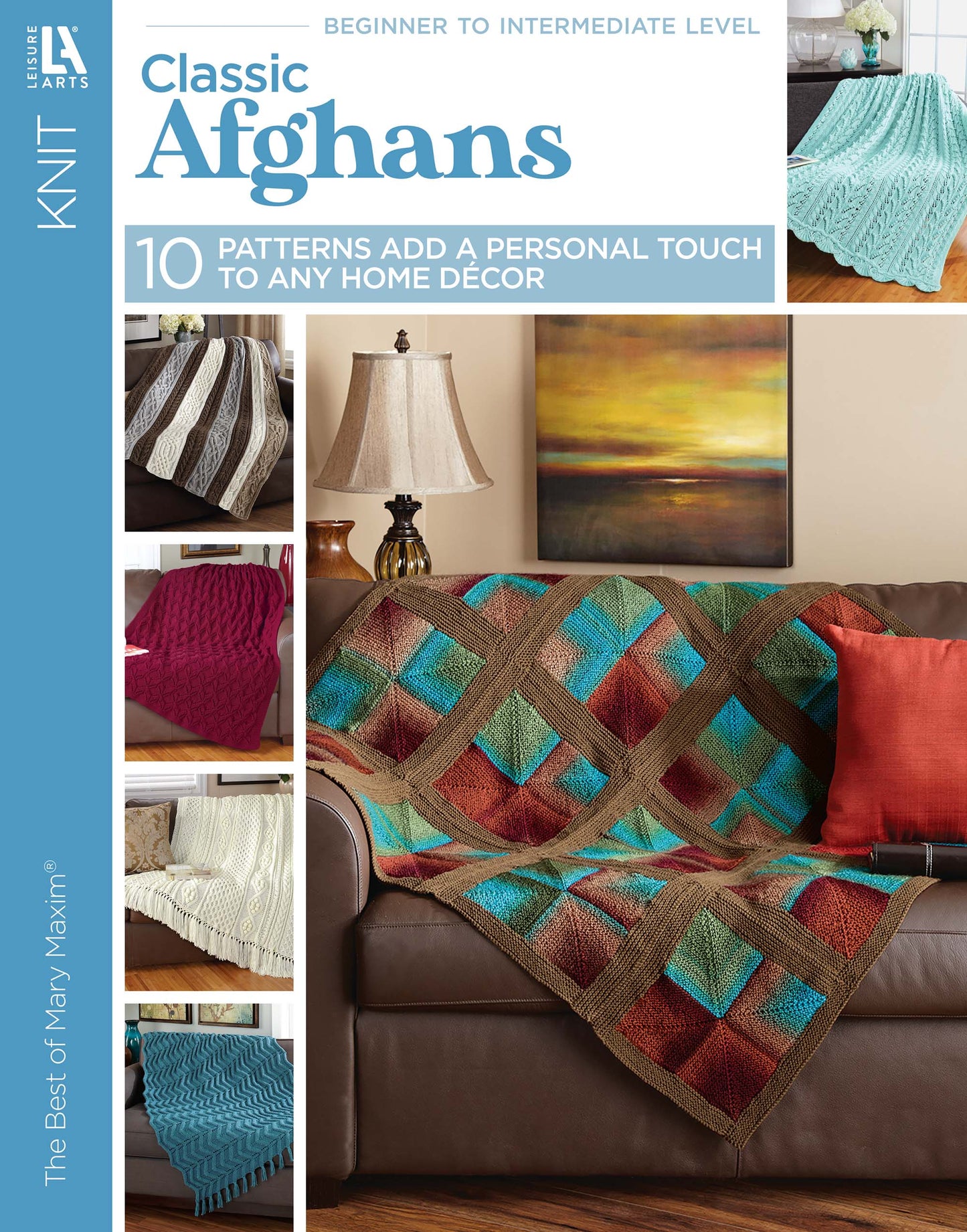 Cover of Leisure Arts' Knit Classic Afghans, showing a multicolored diamond-patterned afghan on a sofa and five thumbnail images of other designs—ideal for bringing handmade flair to your home décor.