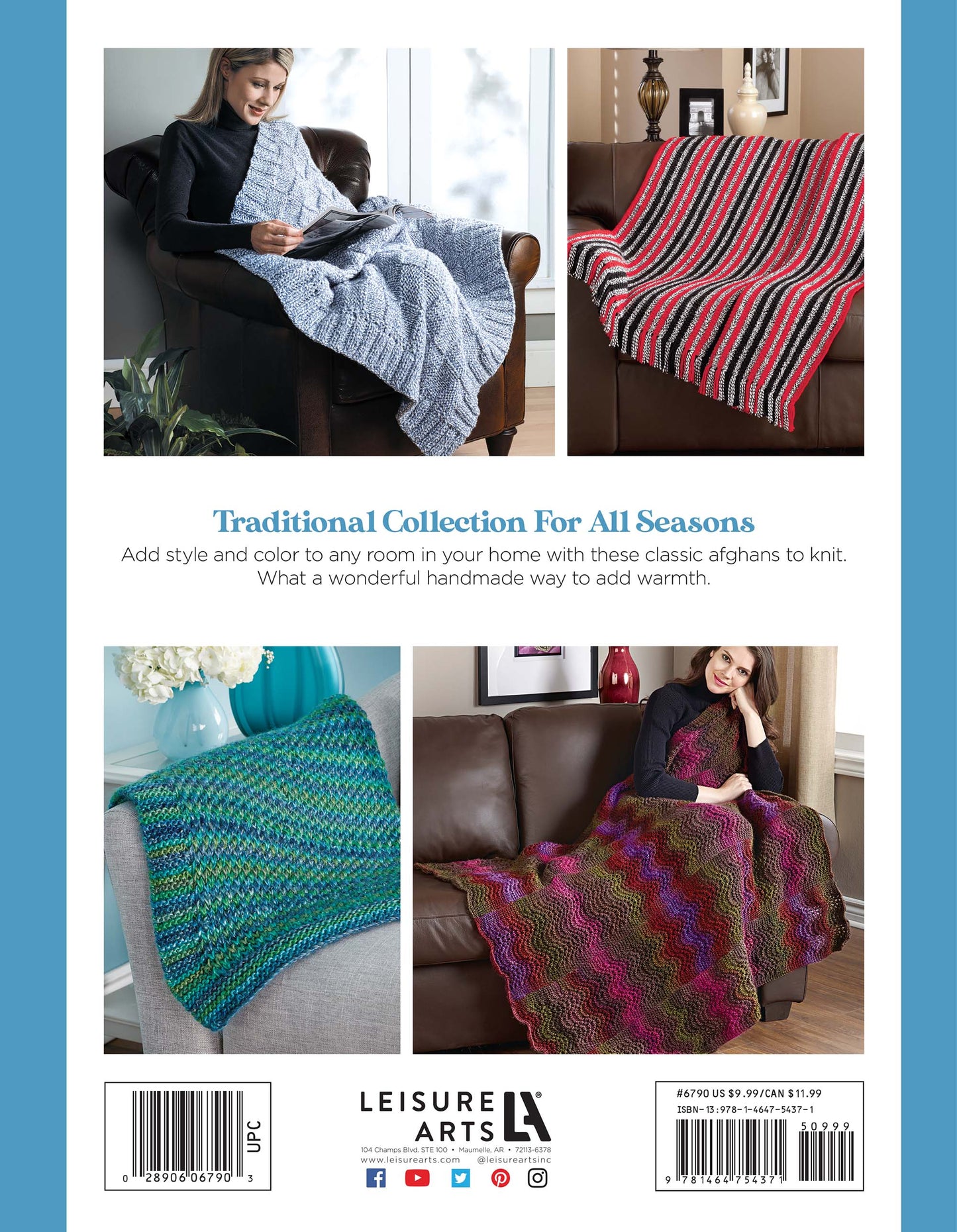 Four photos showcase Knit Classic Afghans by Leisure Arts: a gray textured blanket, a red striped one, a blue-green afghan on a chair, and a purple variegated style—cozy knitted blankets for stylish home decor.