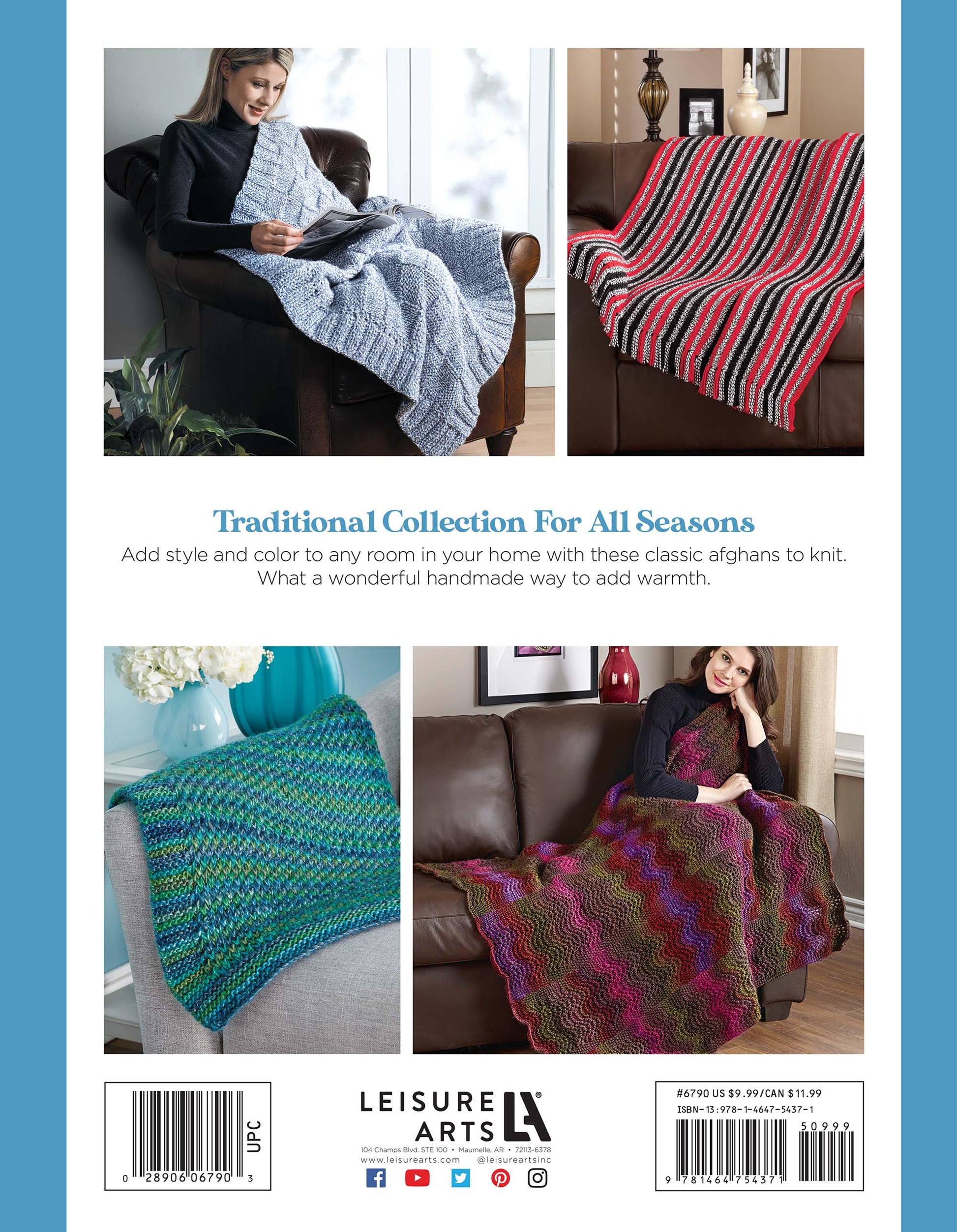 Four photos showcase Knit Classic Afghans by Leisure Arts: a gray textured blanket, a red striped one, a blue-green afghan on a chair, and a purple variegated style—cozy knitted blankets for stylish home decor.