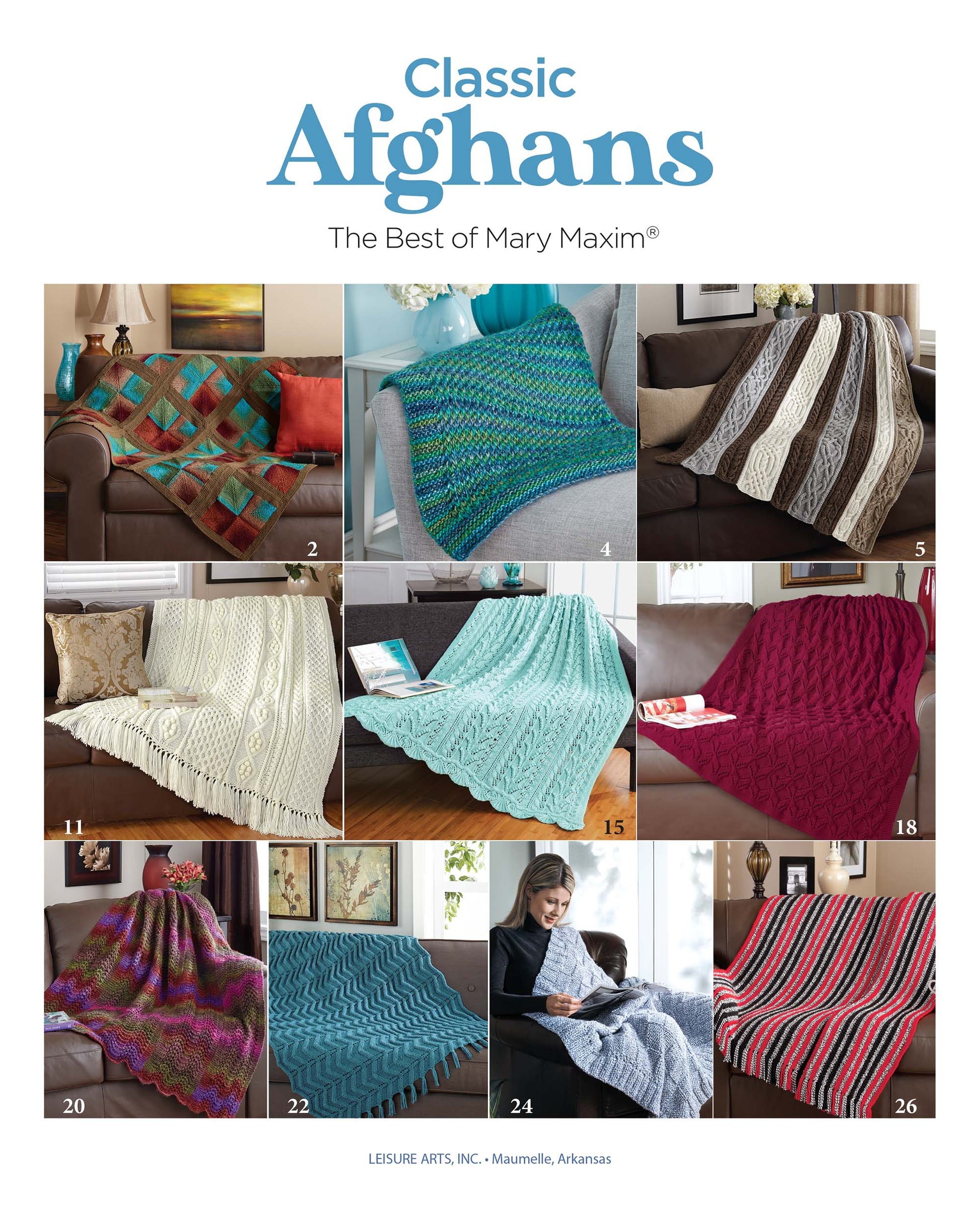 A collage of nine colorful Knit Classic Afghans by Leisure Arts, draped on sofas and chairs, with a woman reading wrapped in one. Text at top: Knit Classic Afghans—cozy home decor inspiration from Leisure Arts.