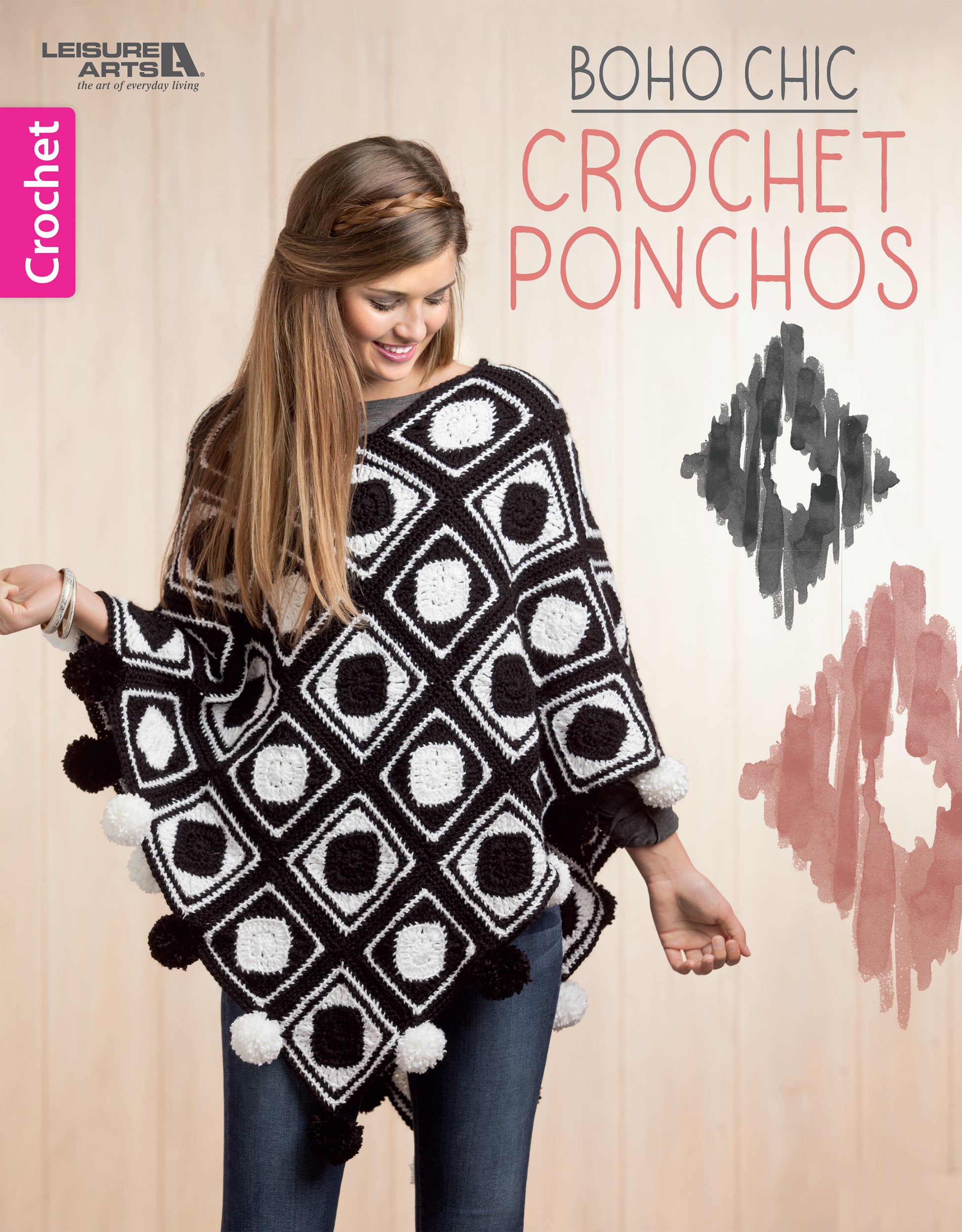 A woman smiles in a black and white Boho Chic Crochet Poncho by Leisure Arts, featuring easy crochet patterns, abstract accents, pom-poms, and a crochet label on the left.
