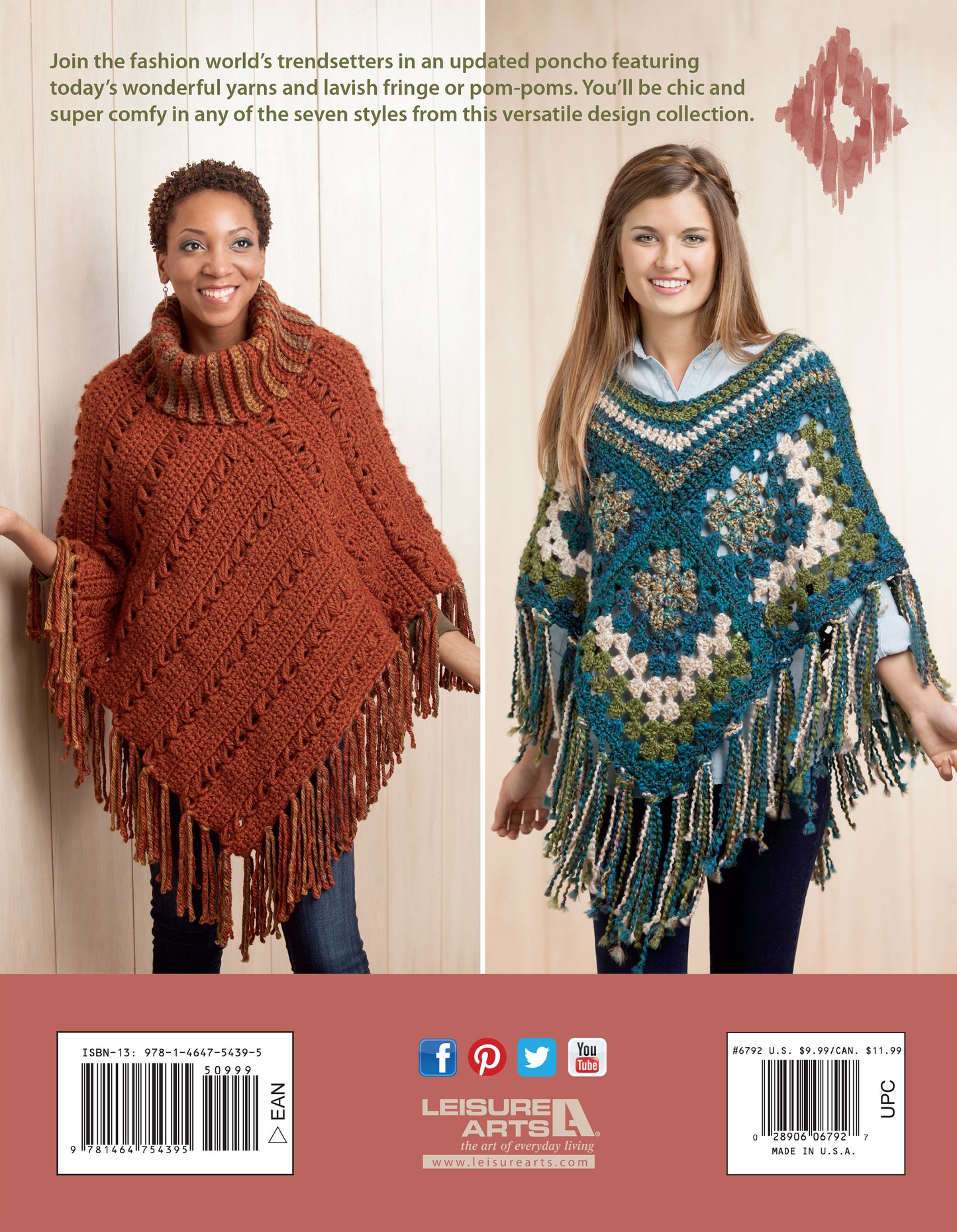 Two women model Boho Chic Crochet Ponchos by Leisure Arts—one wears a textured rust poncho with fringe, the other a blue, green, and white granny-square style with multicolored fringe.