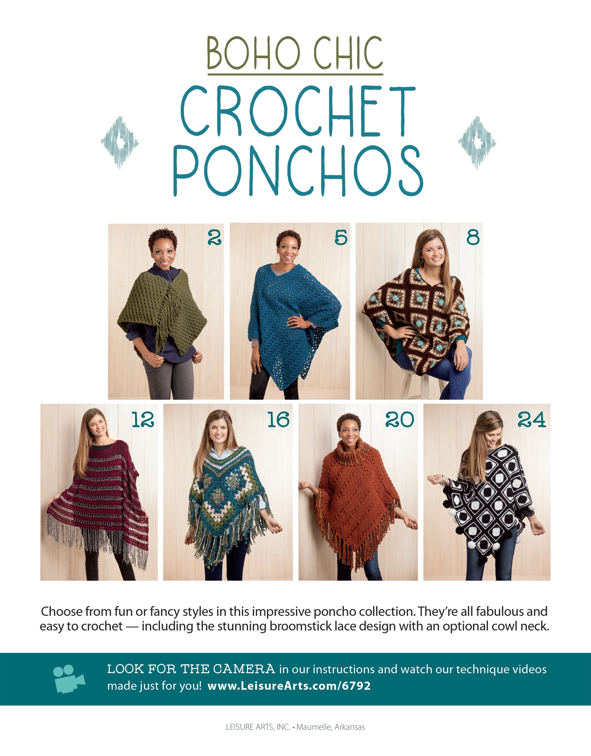 Five women model Leisure Arts’ Boho Chic Crochet Ponchos in vibrant colors with easy patterns and fun fringes, each numbered 2–24. This collection is ideal for beginner crochet enthusiasts.