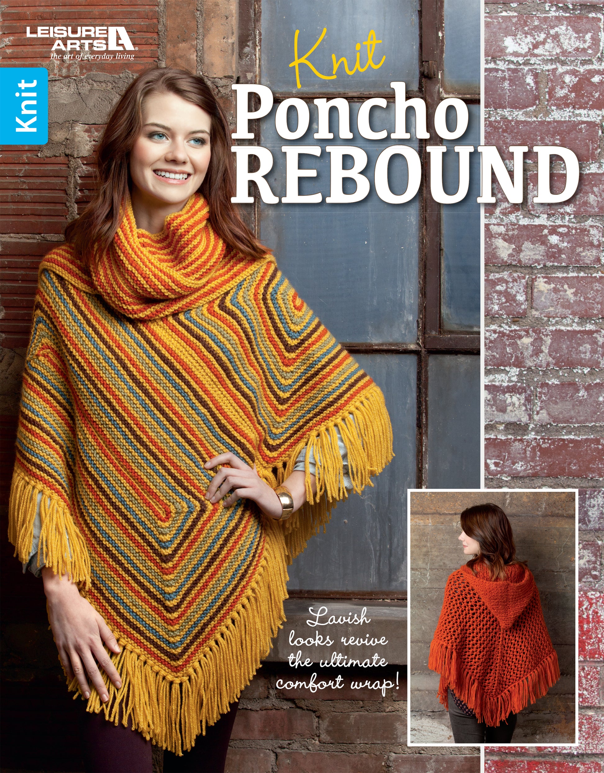 A woman smiles by a brick wall in the colorful Knit Poncho Rebound by Leisure Arts. The striped, fringed wrap in orange, yellow, and green is shown from the front and back for a cozy style view.
