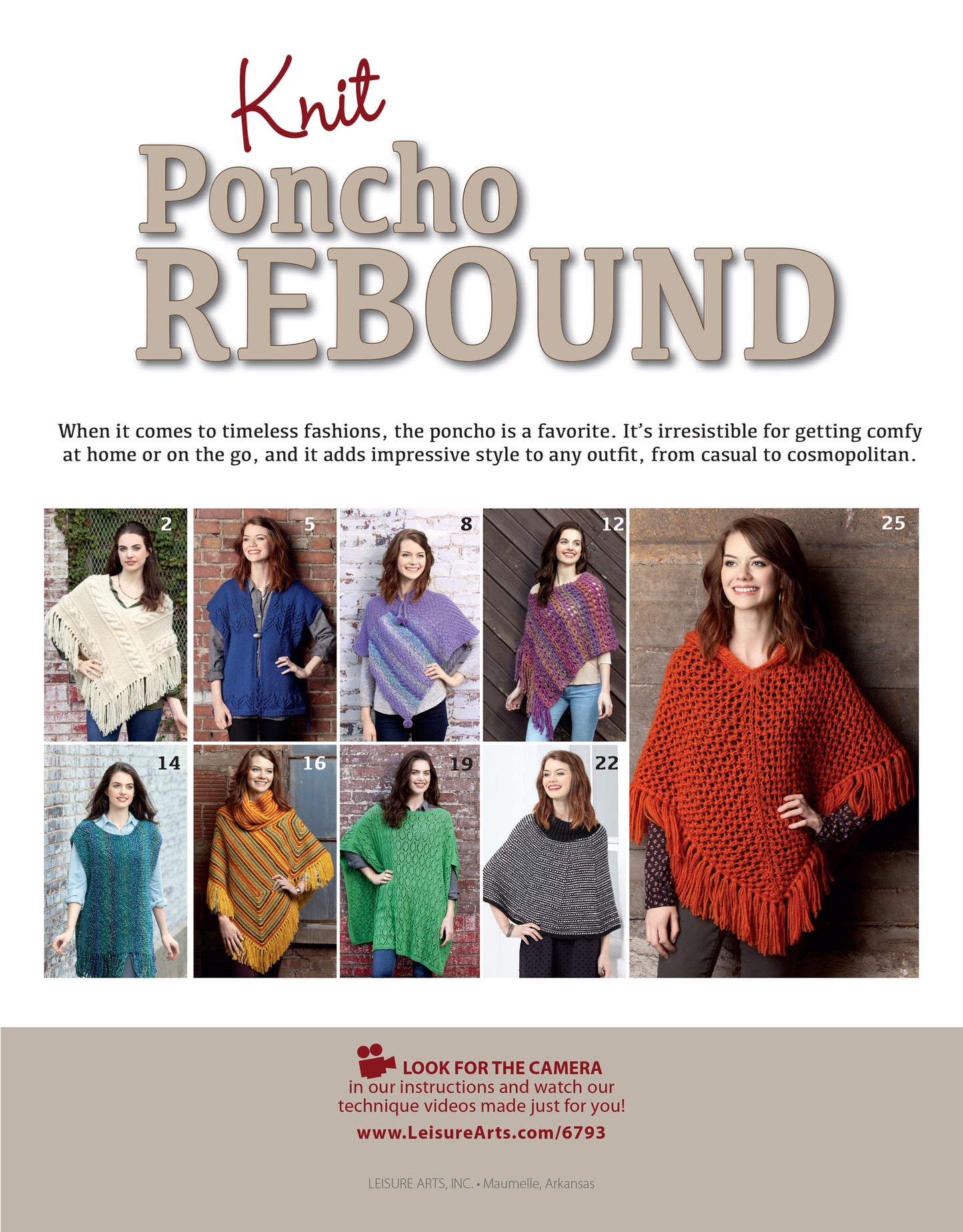 A collage of women in vibrant Knit Poncho Rebound styles spotlights poncho fashion. Explore Leisure Arts knitting patterns to create your own cozy wrap. Instructions and website link are included below.
