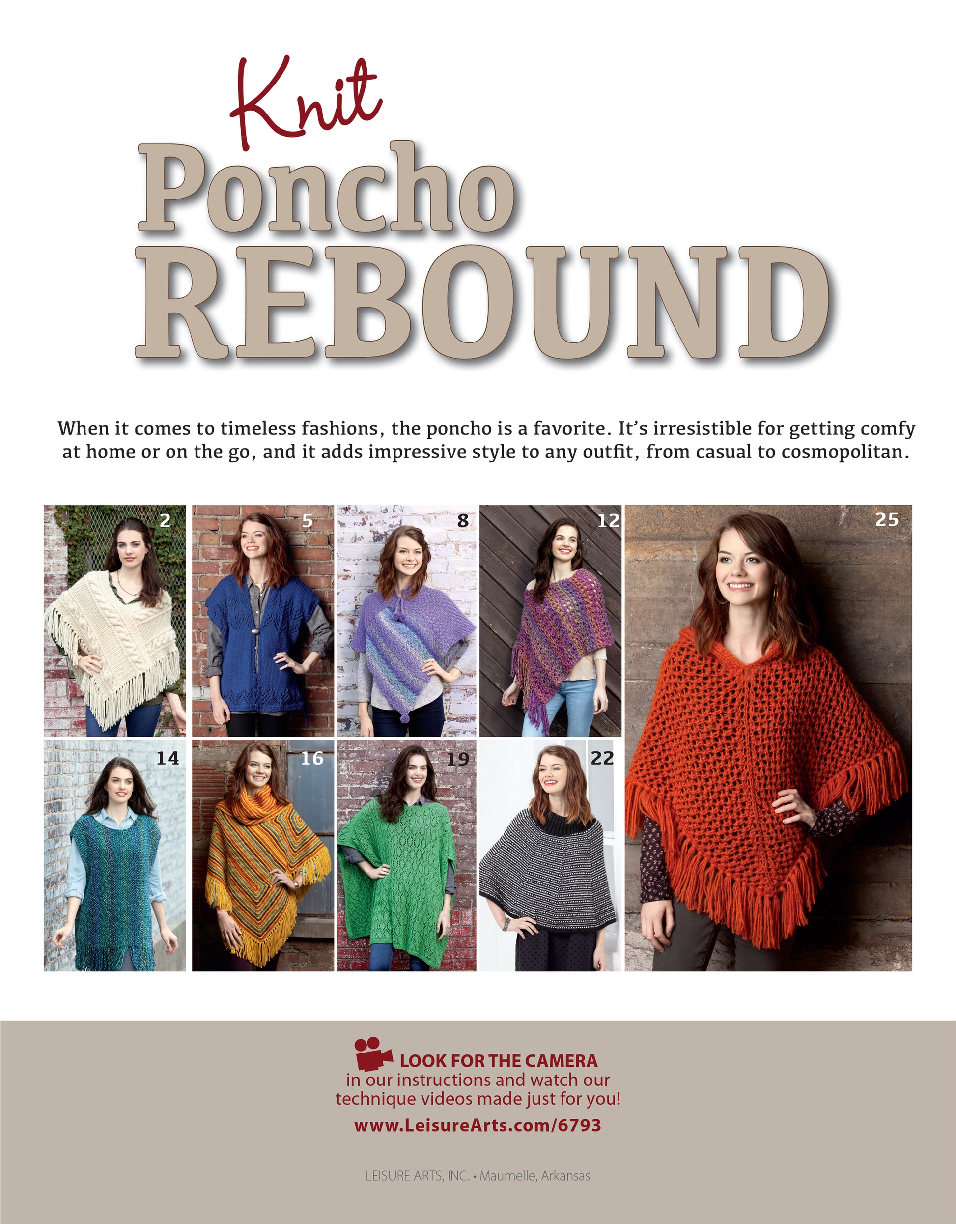 A collage of women in vibrant Knit Poncho Rebound styles spotlights poncho fashion. Explore Leisure Arts knitting patterns to create your own cozy wrap. Instructions and website link are included below.