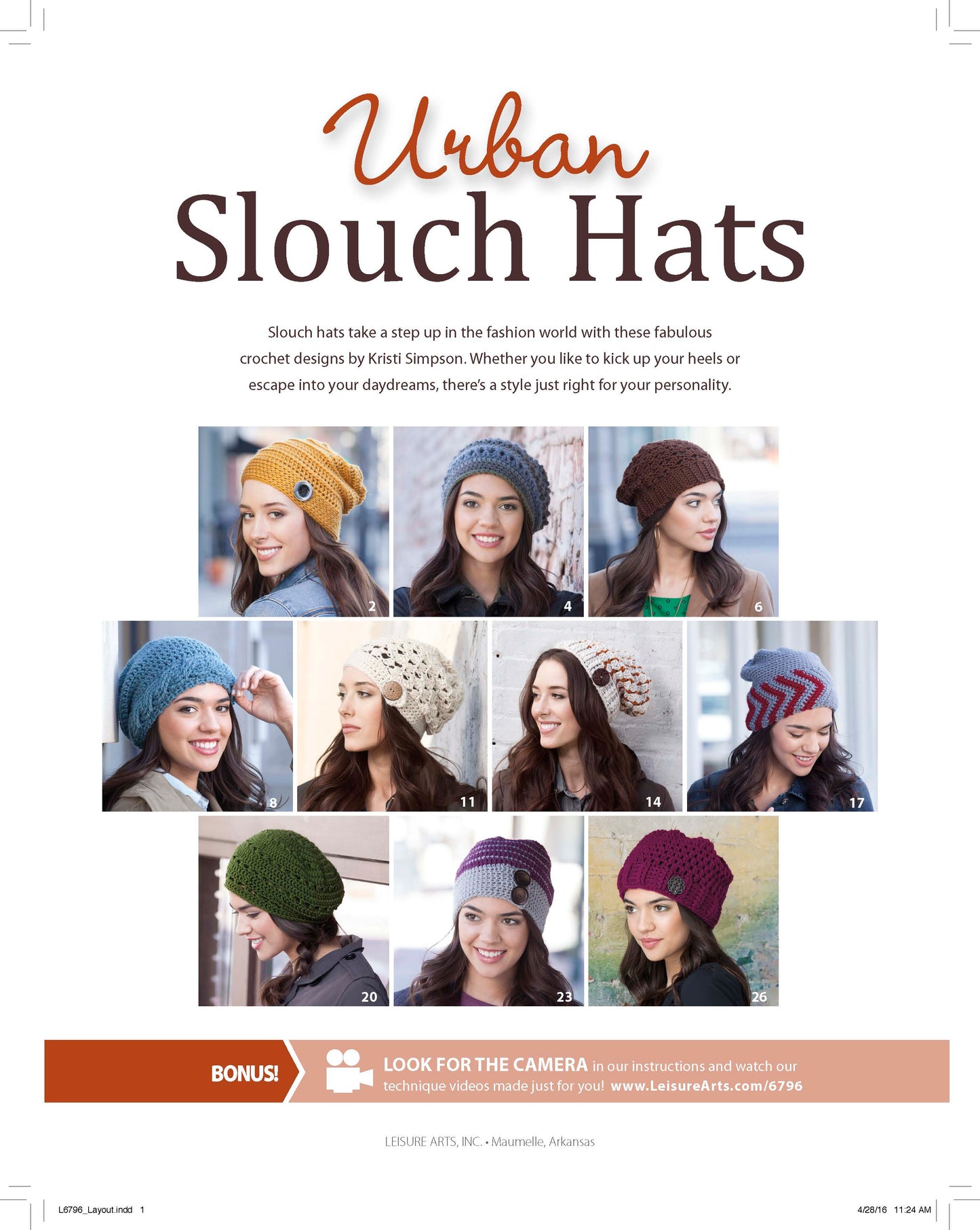 A collage displays ten women each wearing a uniquely styled, colorful slouch hat made with medium weight yarn. Text reads "Crochet Urban Slouch Hats" by Leisure Arts and describes the variety of crochet patterns in the collection.
