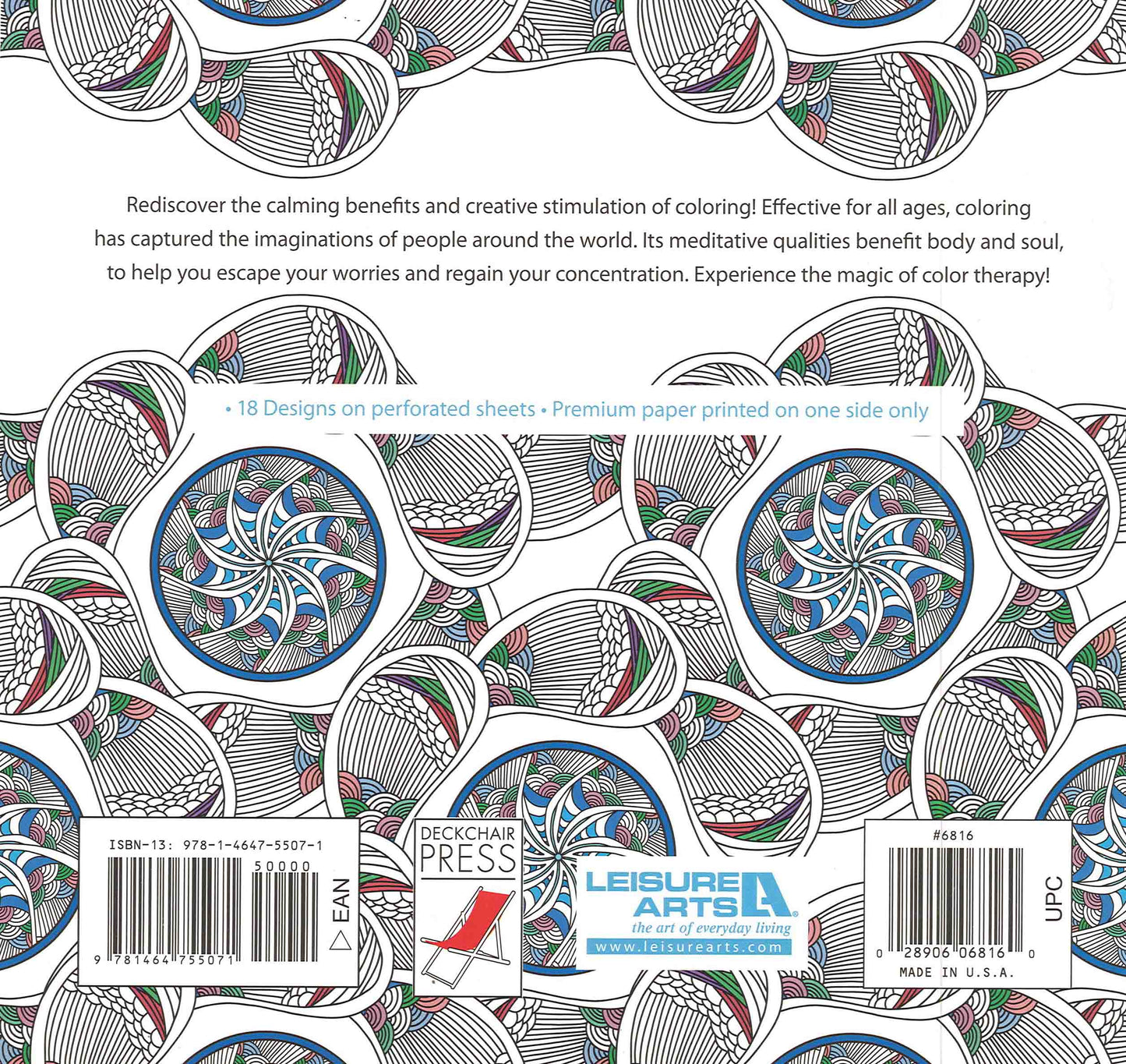 The back cover of the Crazy Kaleidoscopes Coloring Book by Leisure Arts displays intricate circular patterns in black, red, blue, and green lines with fun coloring designs, plus descriptive text and publisher info at the center and bottom.